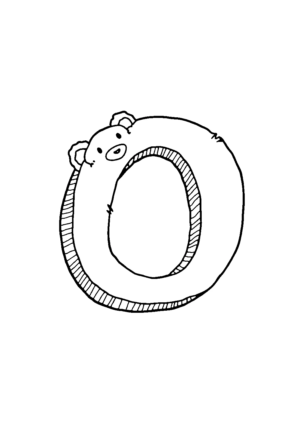 Disegno della lettera O maiuscola accompagnata da un orso da colorare