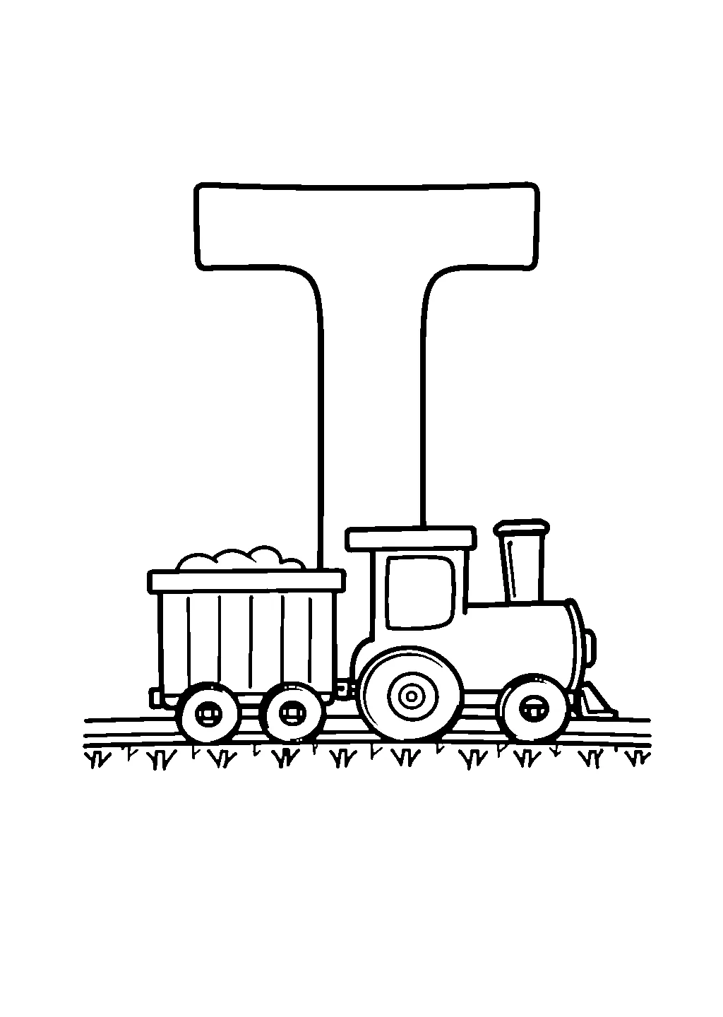 Immagine da colorare con la lettera T maiuscola e un piccolo treno