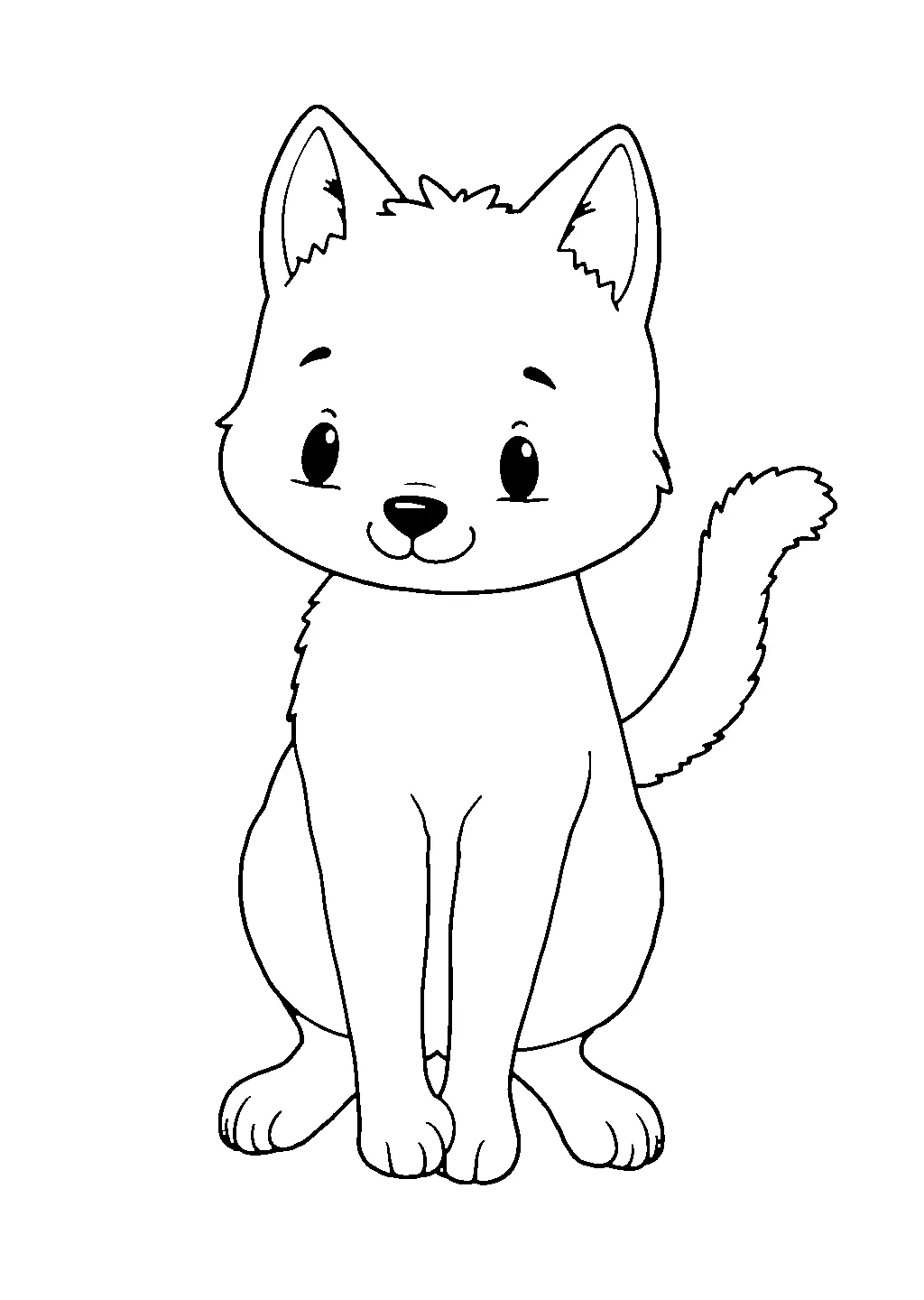 Disegno di un gatto seduto con coda arrotolata da colorare per bambini