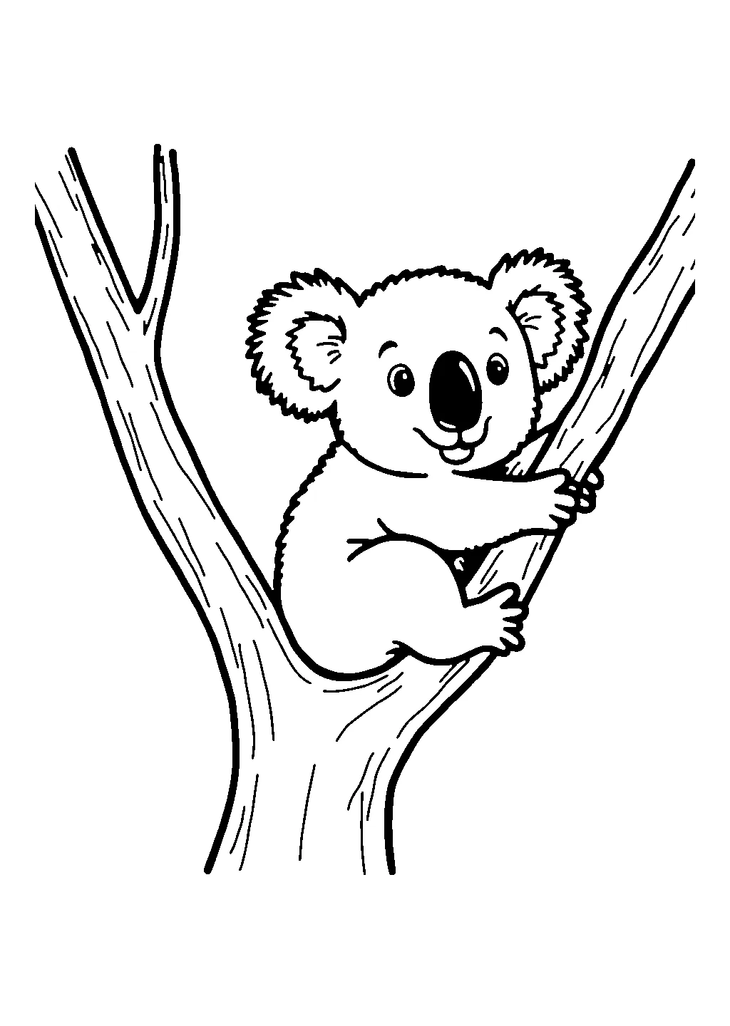 Disegno da colorare di un koala aggrappato al tronco di un eucalipto