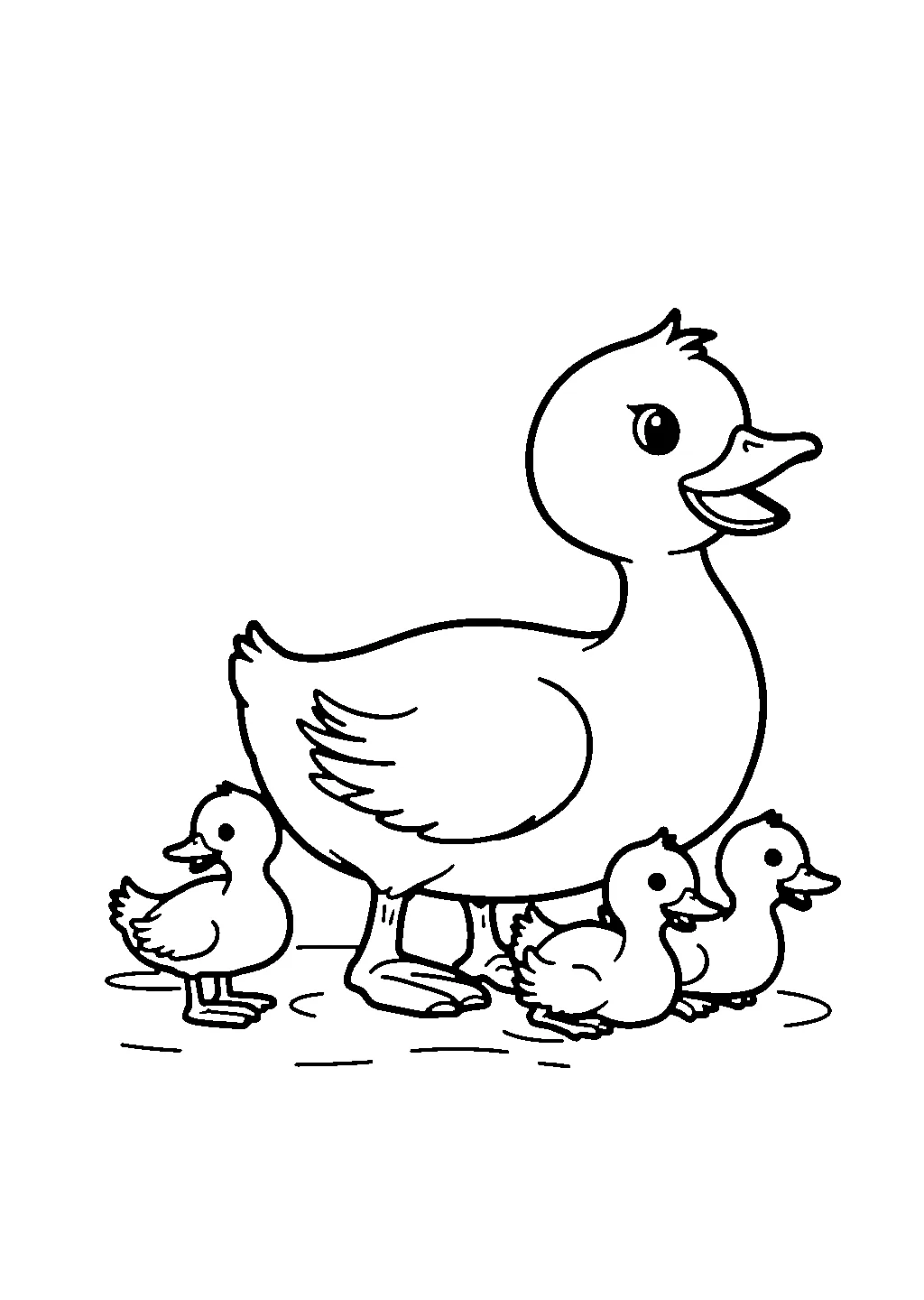 Disegno da colorare di una papera che nuota con i suoi piccoli in fila
