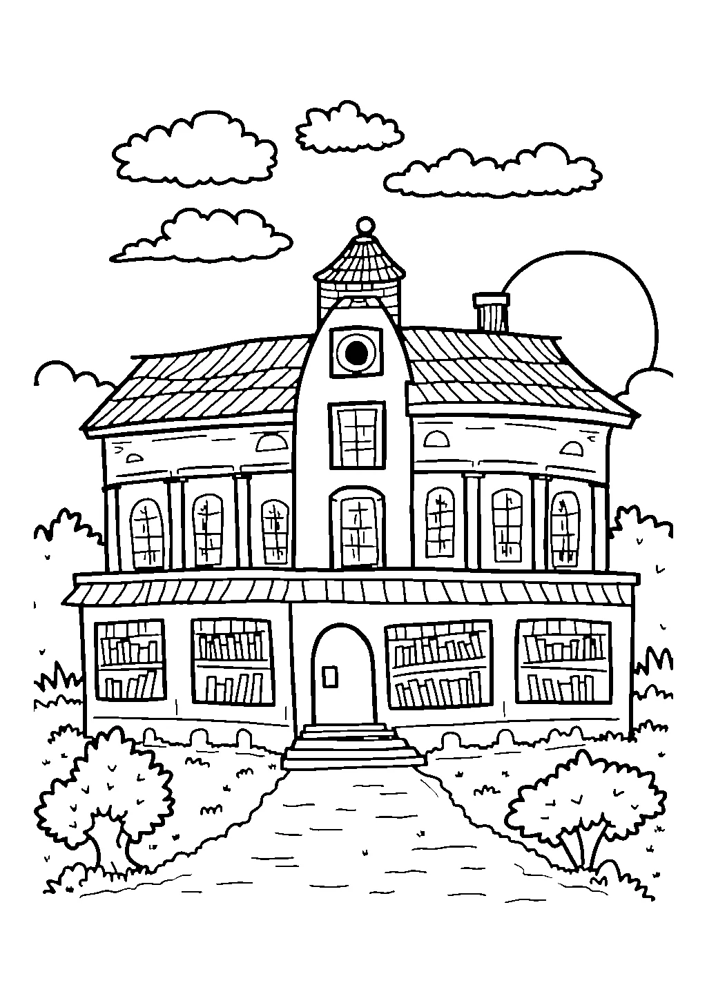 Disegno di una biblioteca con scaffali di libri e lettori da colorare