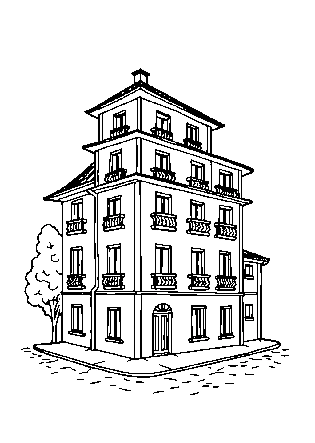 Disegno da colorare che mostra una casa cittadina con più piani, finestre e balconi