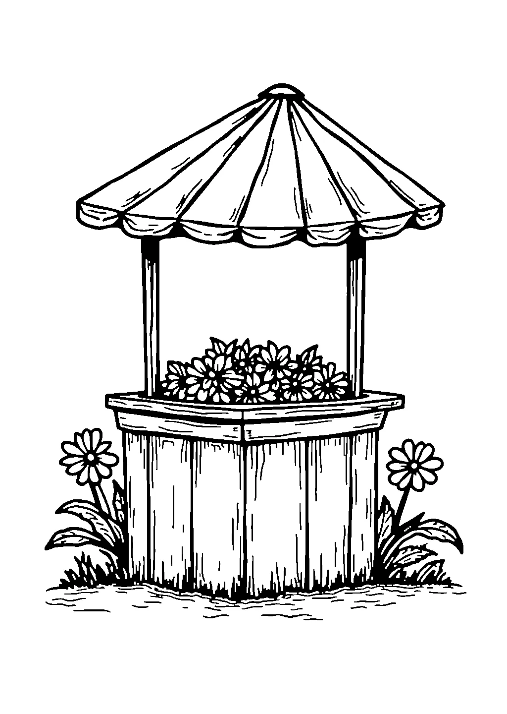 Disegno da colorare di un piccolo chiosco pieno di fiori colorati in una piazza cittadina