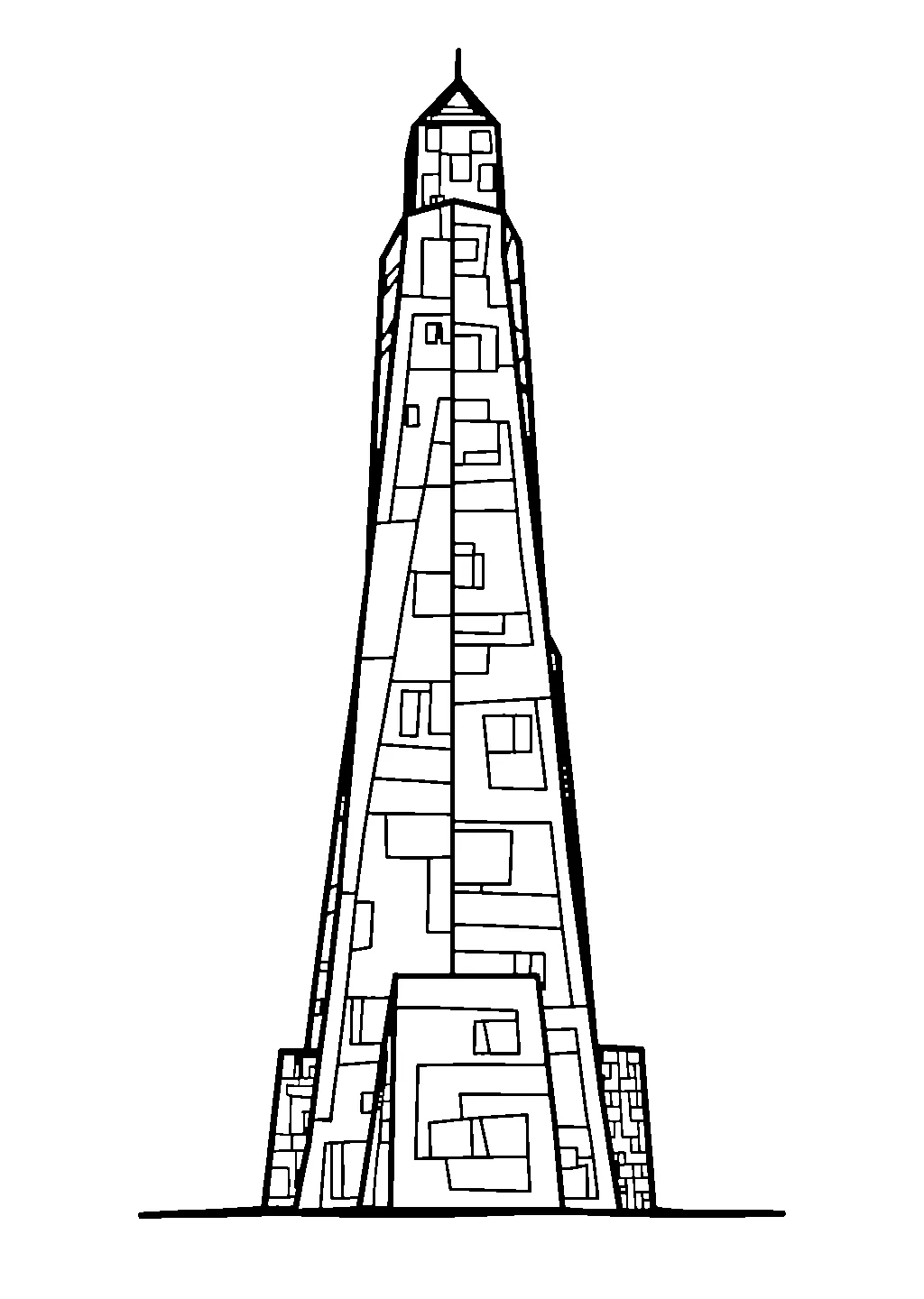 Disegno da colorare di un edificio alto con finestre a specchio e forma moderna