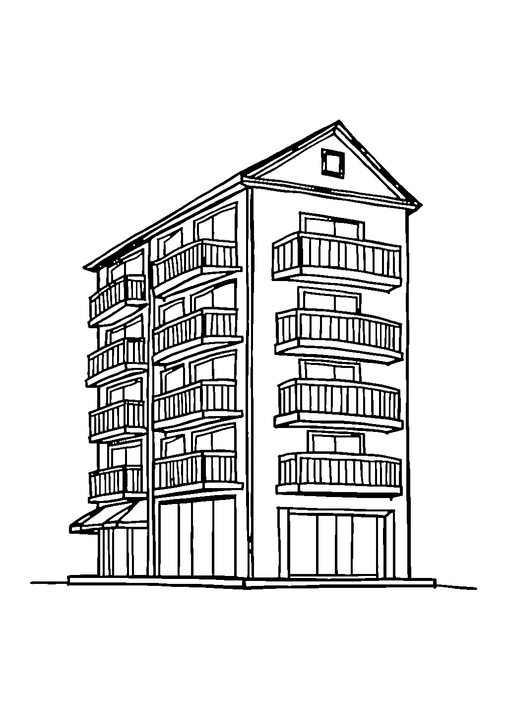 Disegno da colorare di un edificio cittadino con finestre e balconi fioriti