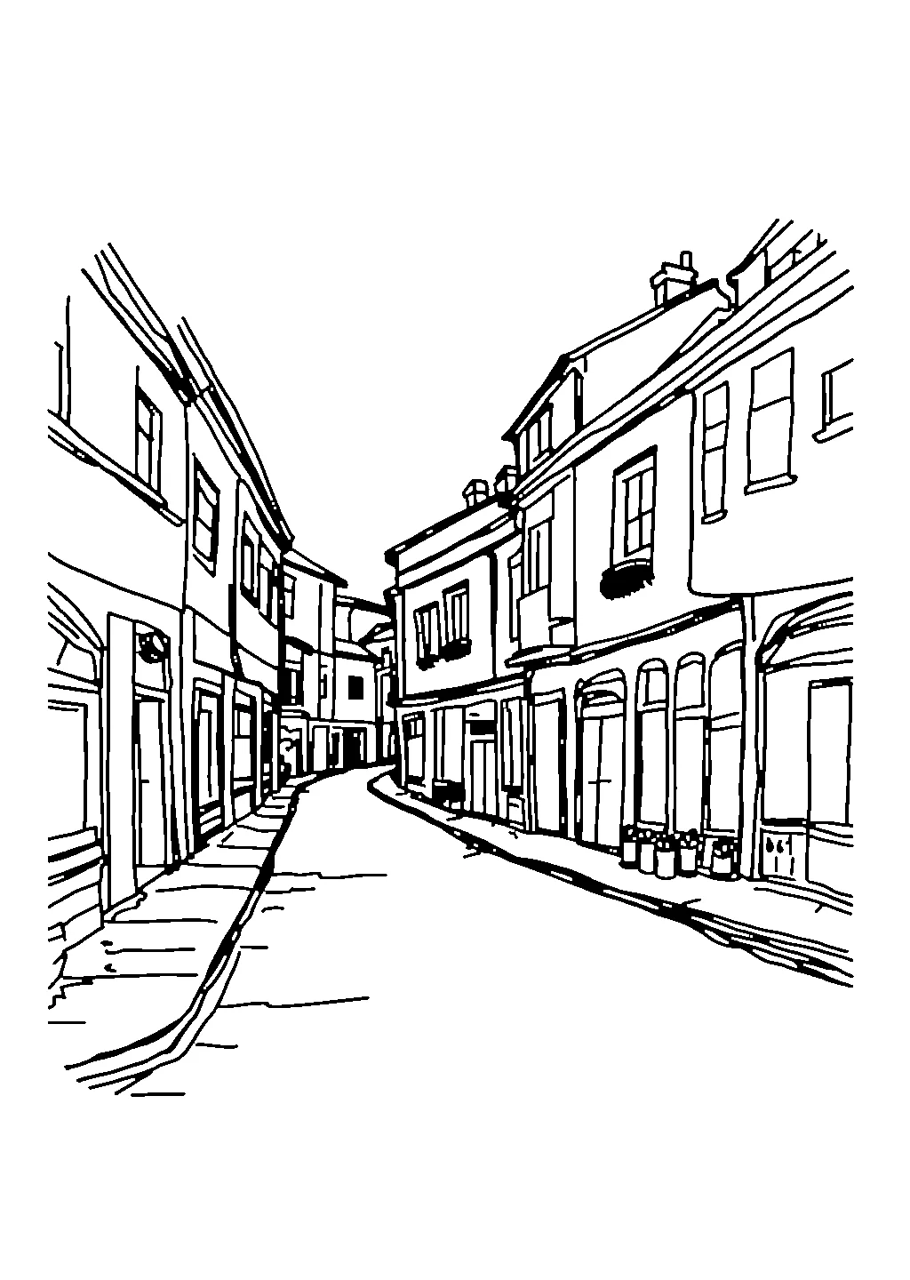 Disegno da colorare di una piazza cittadina con una fontana al centro