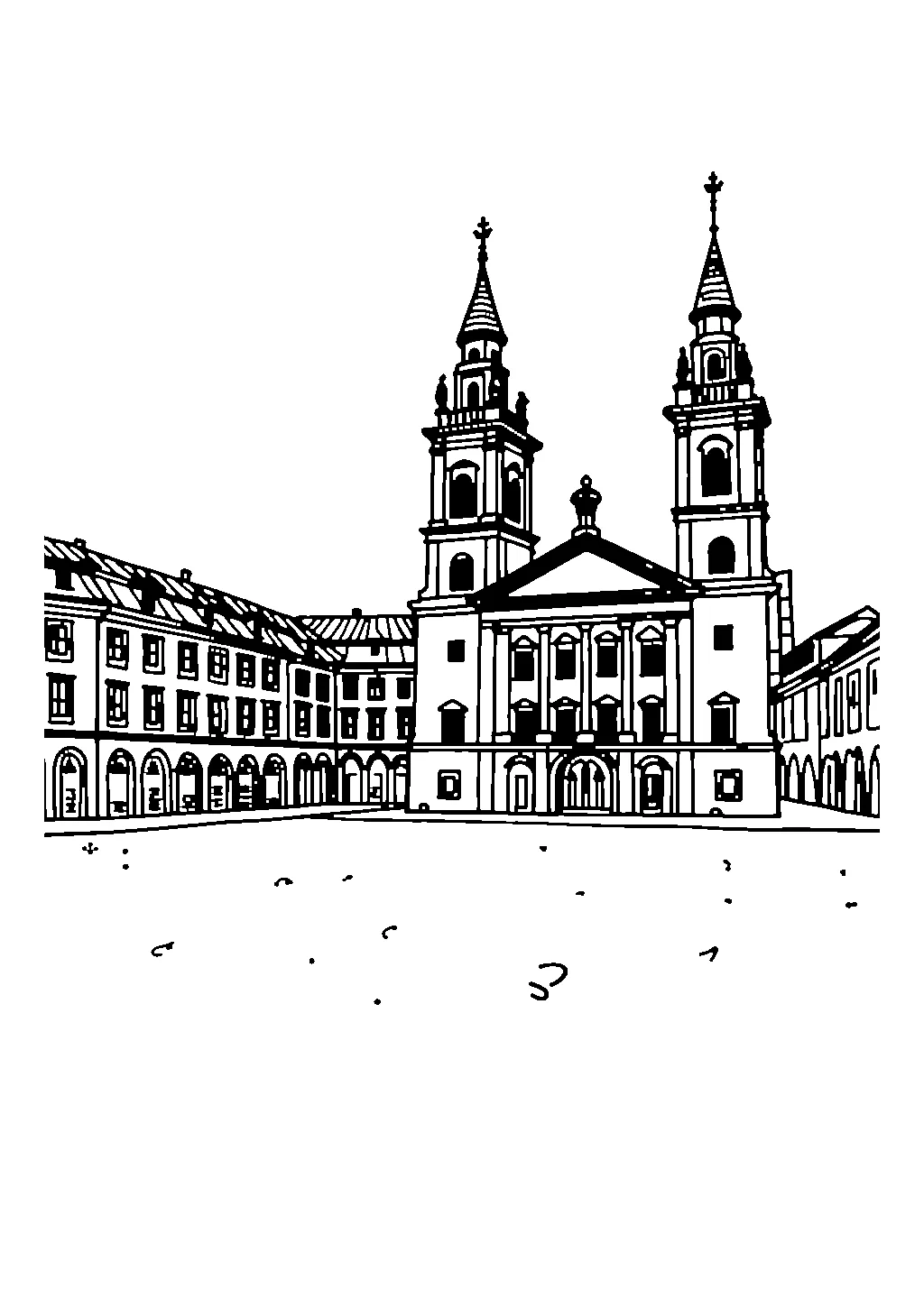 Illustrazione di una piazza cittadina con il palazzo del municipio da colorare