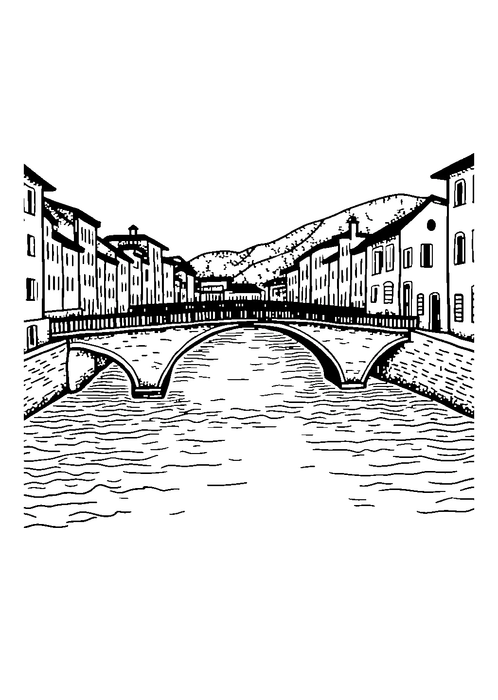 Disegno da colorare di un ponte che collega due sponde di un fiume in città