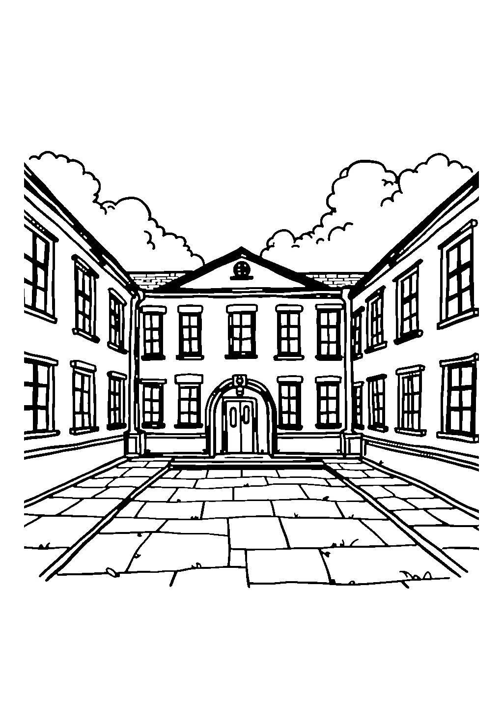 Edificio scolastico con cortile, altalena e alberi, disegno da colorare per bambini