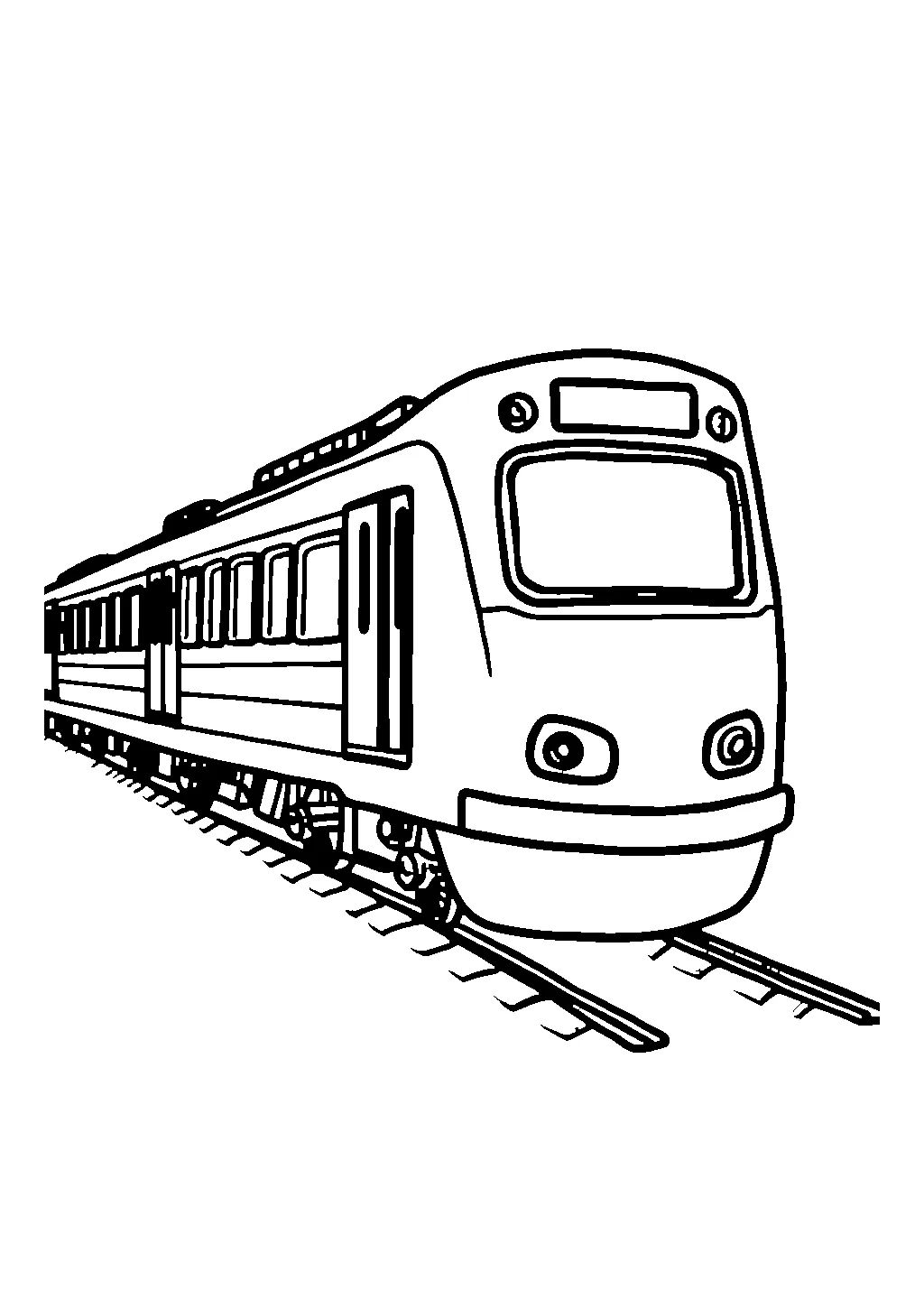 Disegno da colorare di una stazione ferroviaria con binari e un treno in arrivo