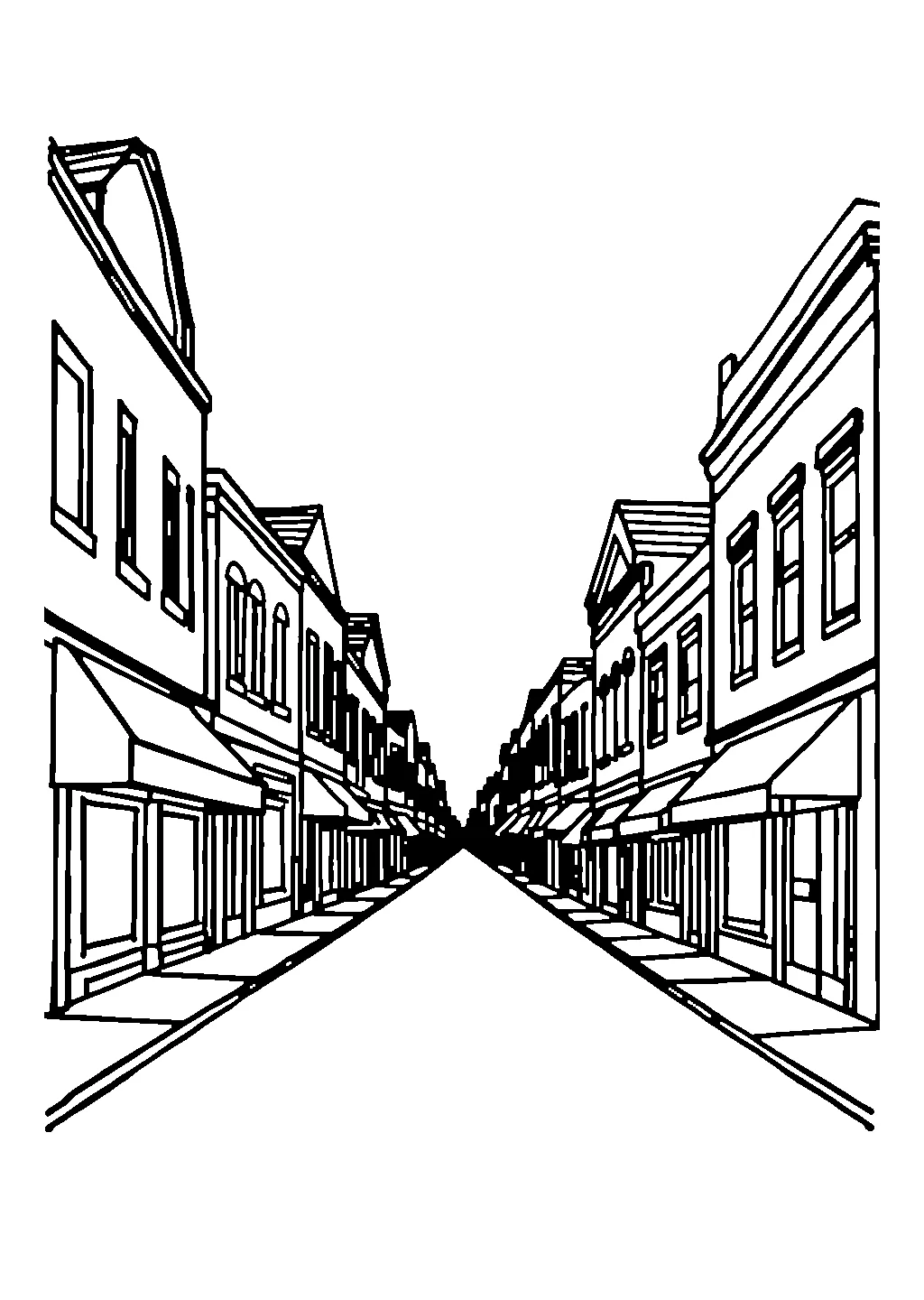 Illustrazione da colorare di una via cittadina con vetrine e negozi