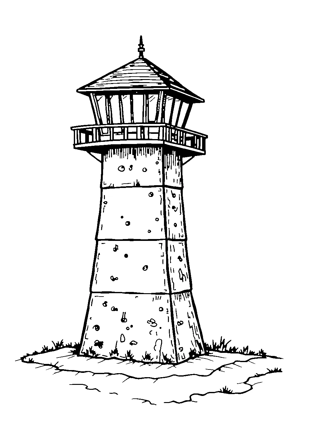 Disegno da colorare di una torre alta con cabina dell'ascensore esterna e vista sulla città