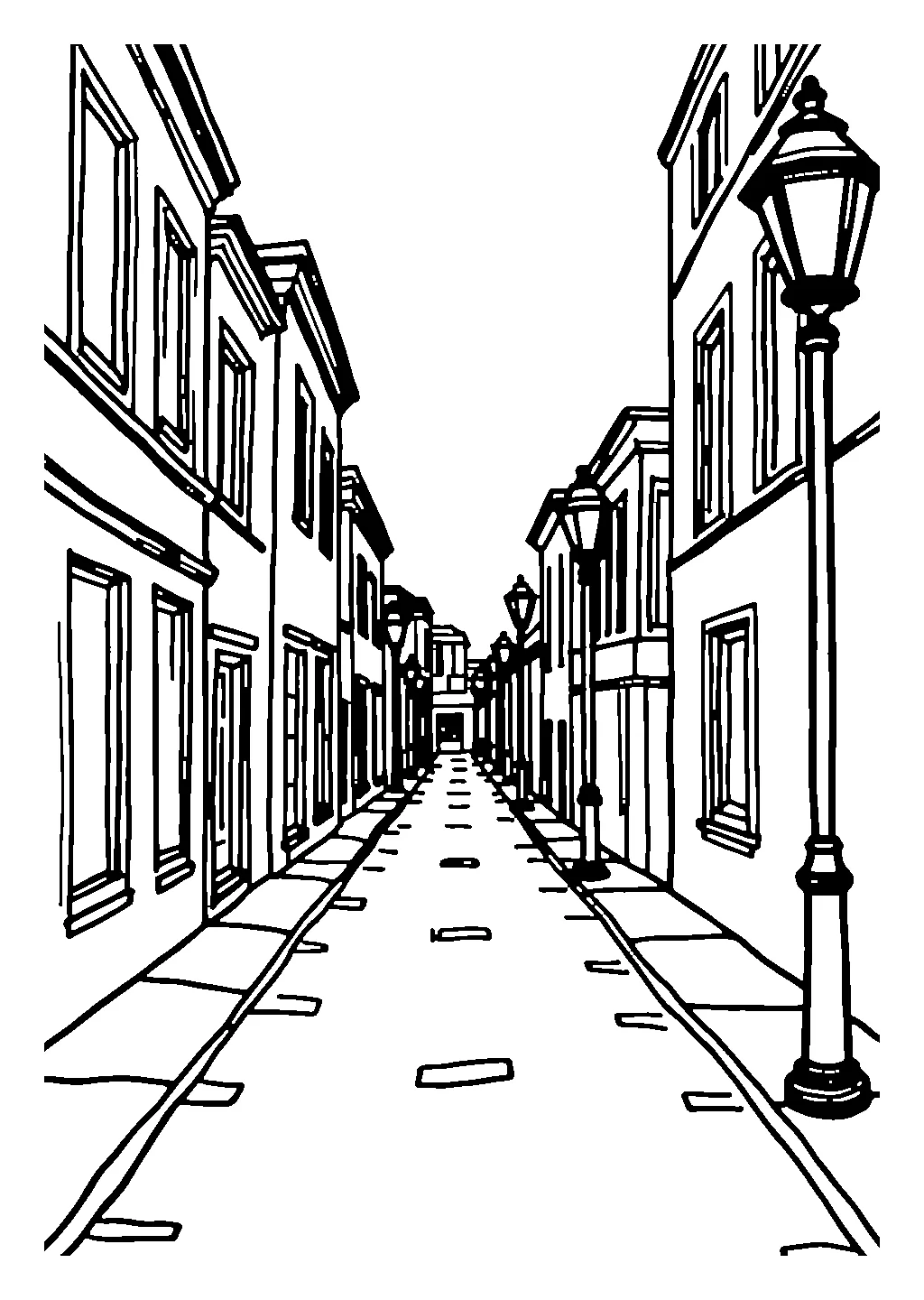 Disegno da colorare di una stradina stretta tra due edifici con lampioni accesi
