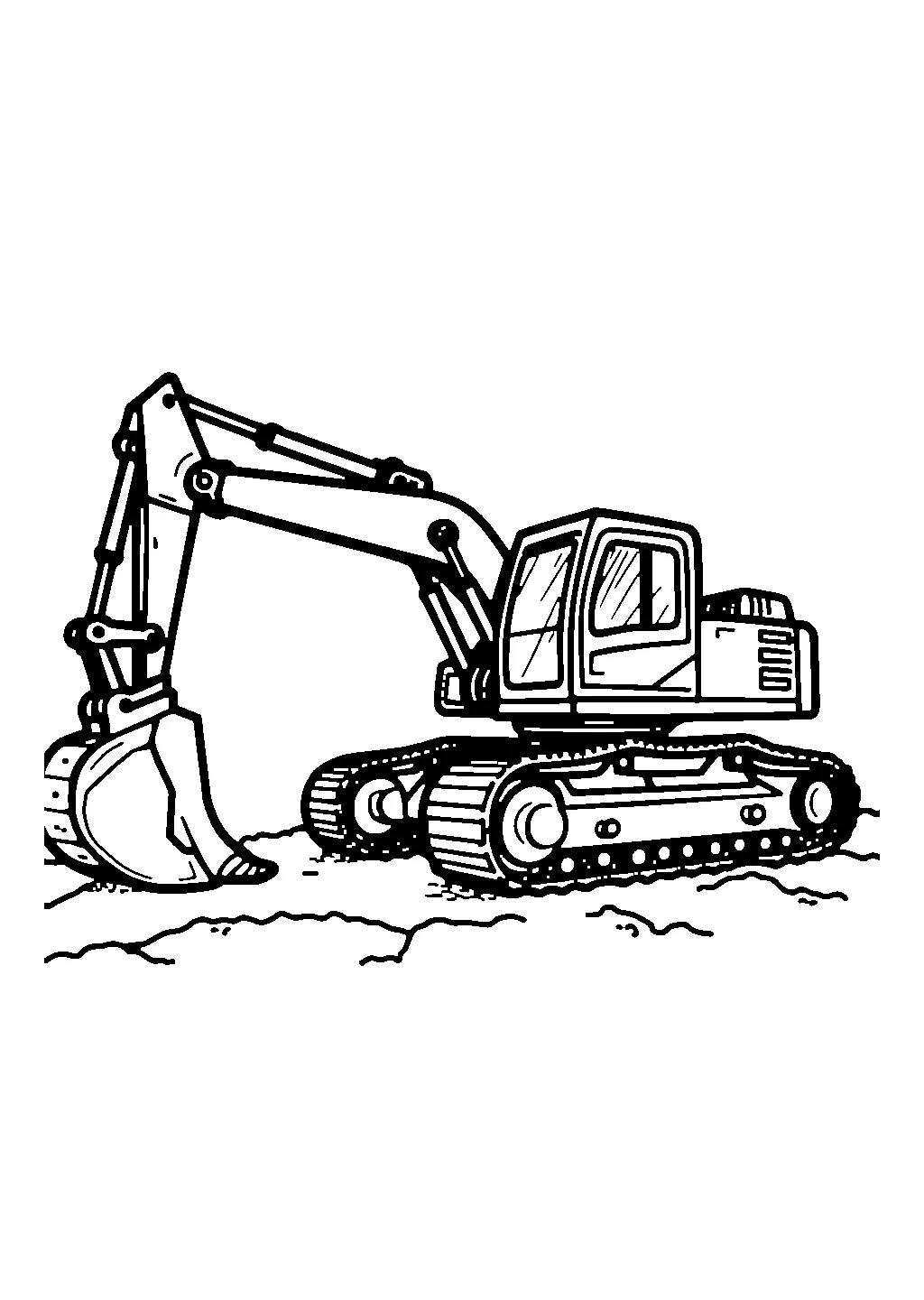 Disegno da colorare di un escavatore da cantiere con braccio meccanico e martello demolitore