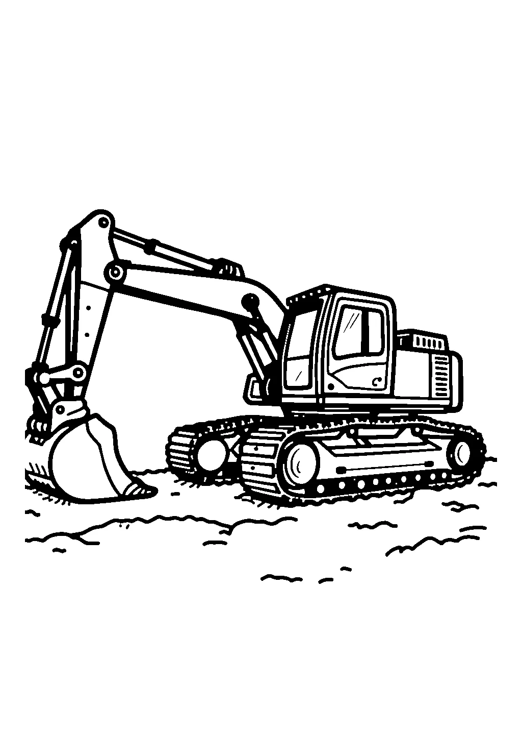 Disegno da colorare di un escavatore al lavoro in un cantiere edile con terra e cumuli