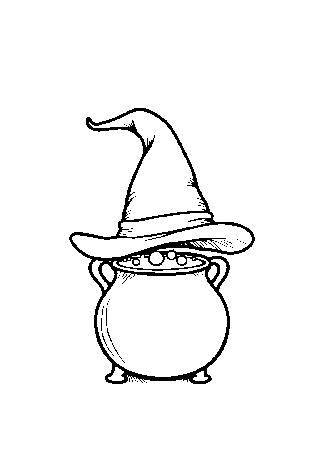 Disegno da colorare di un cappello da strega accanto a un calderone con bolle magiche