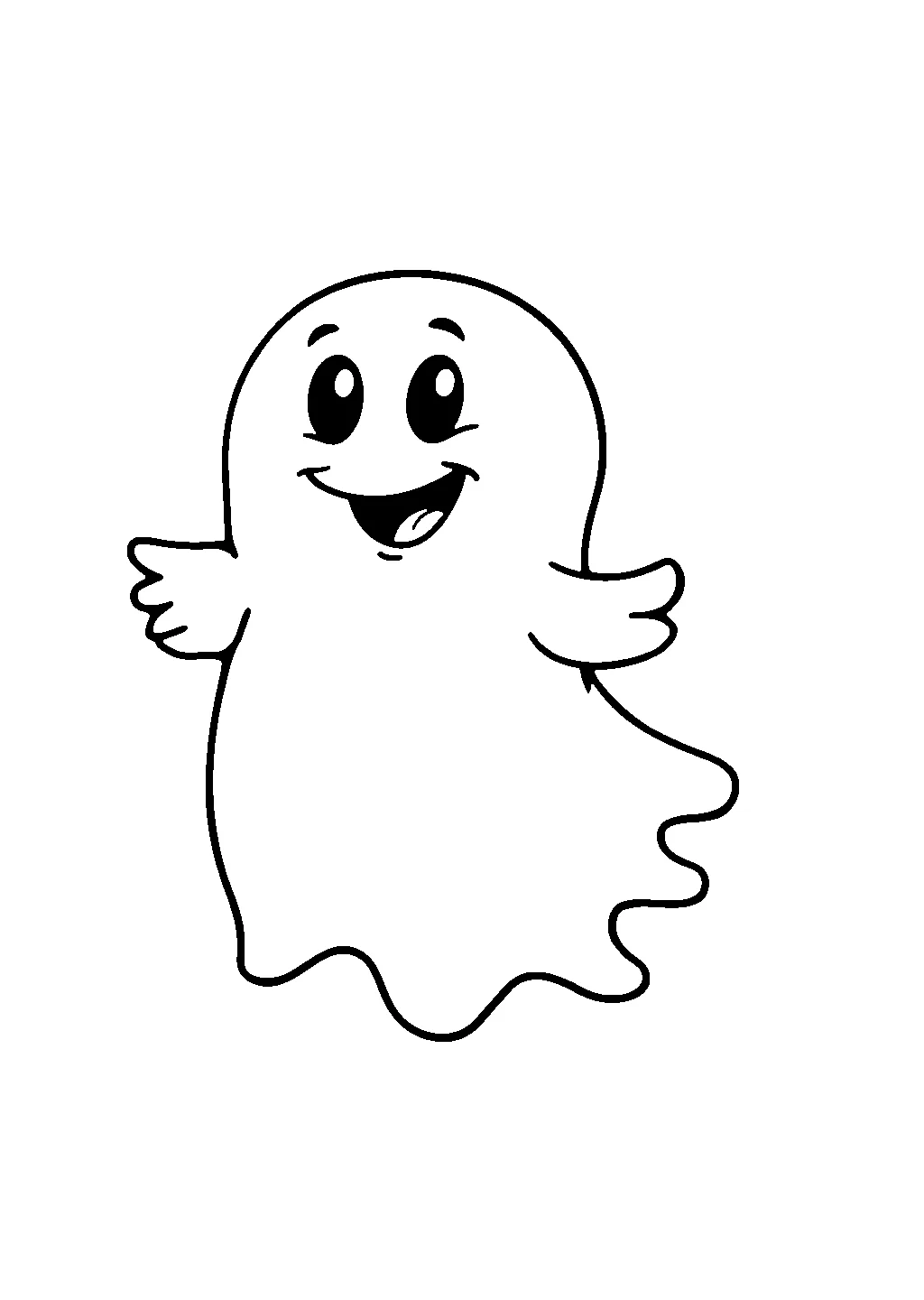 Disegno da colorare di un fantasma buffo con braccia alzate e sorriso