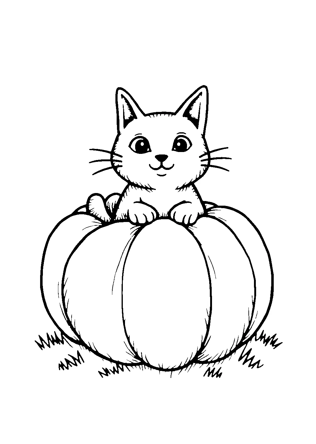 Disegno da colorare di un gatto nero che fa capolino da dentro una zucca intagliata