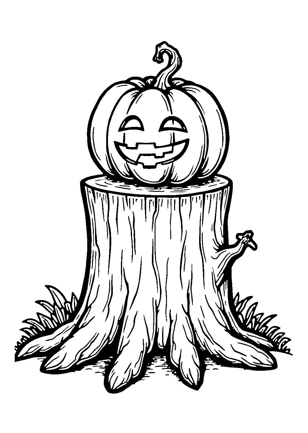 Disegno da colorare di una zucca intagliata appoggiata su un tronco di legno