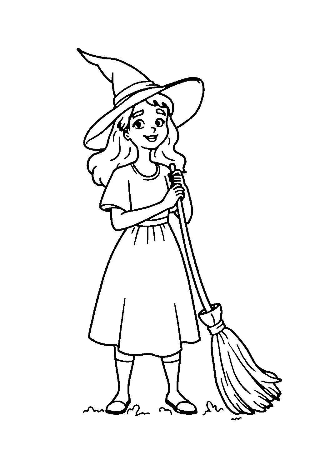 Disegno da colorare di una scopa magica in stile strega con manico decorato