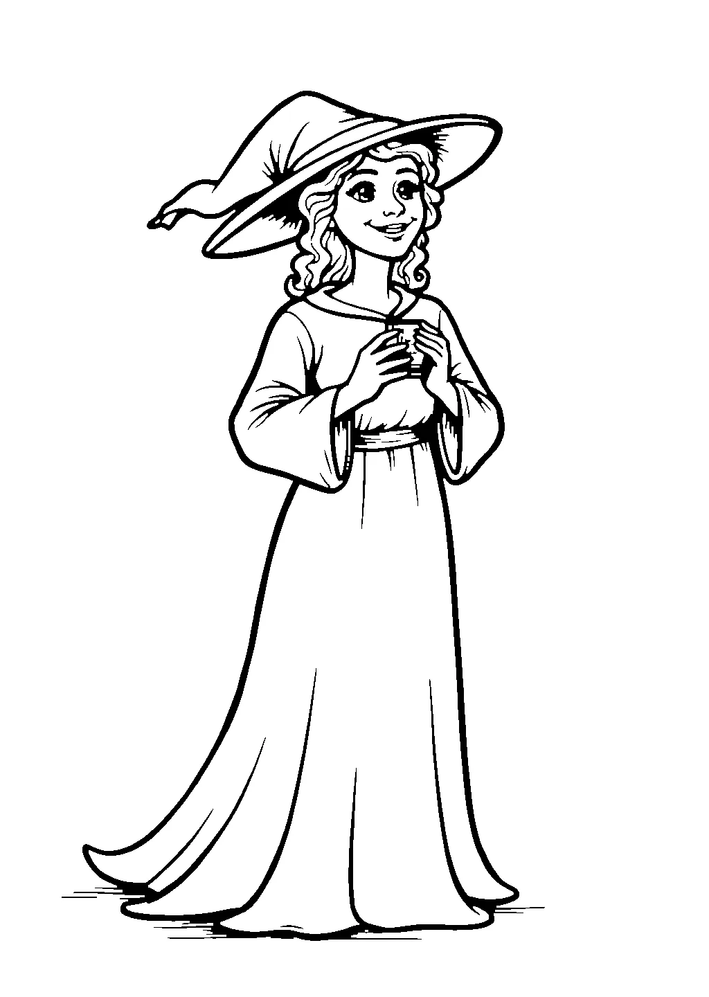 Disegno da colorare di una strega con il tipico cappello a punta e la scopa magica