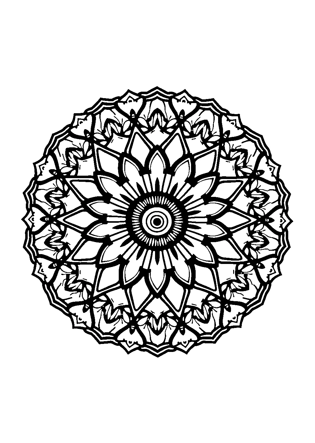 Disegno di mandala formato da cerchi concentrici e motivi decorativi da colorare