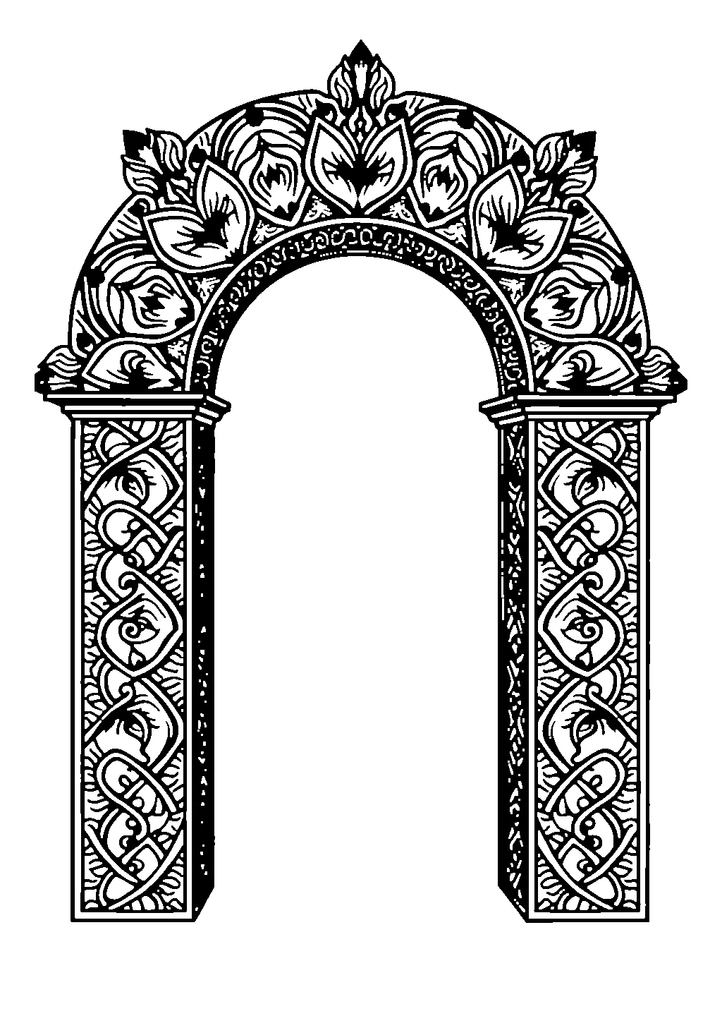 Disegno di mandala circolare con motivi ad arco e cupole di stile architettonico da colorare