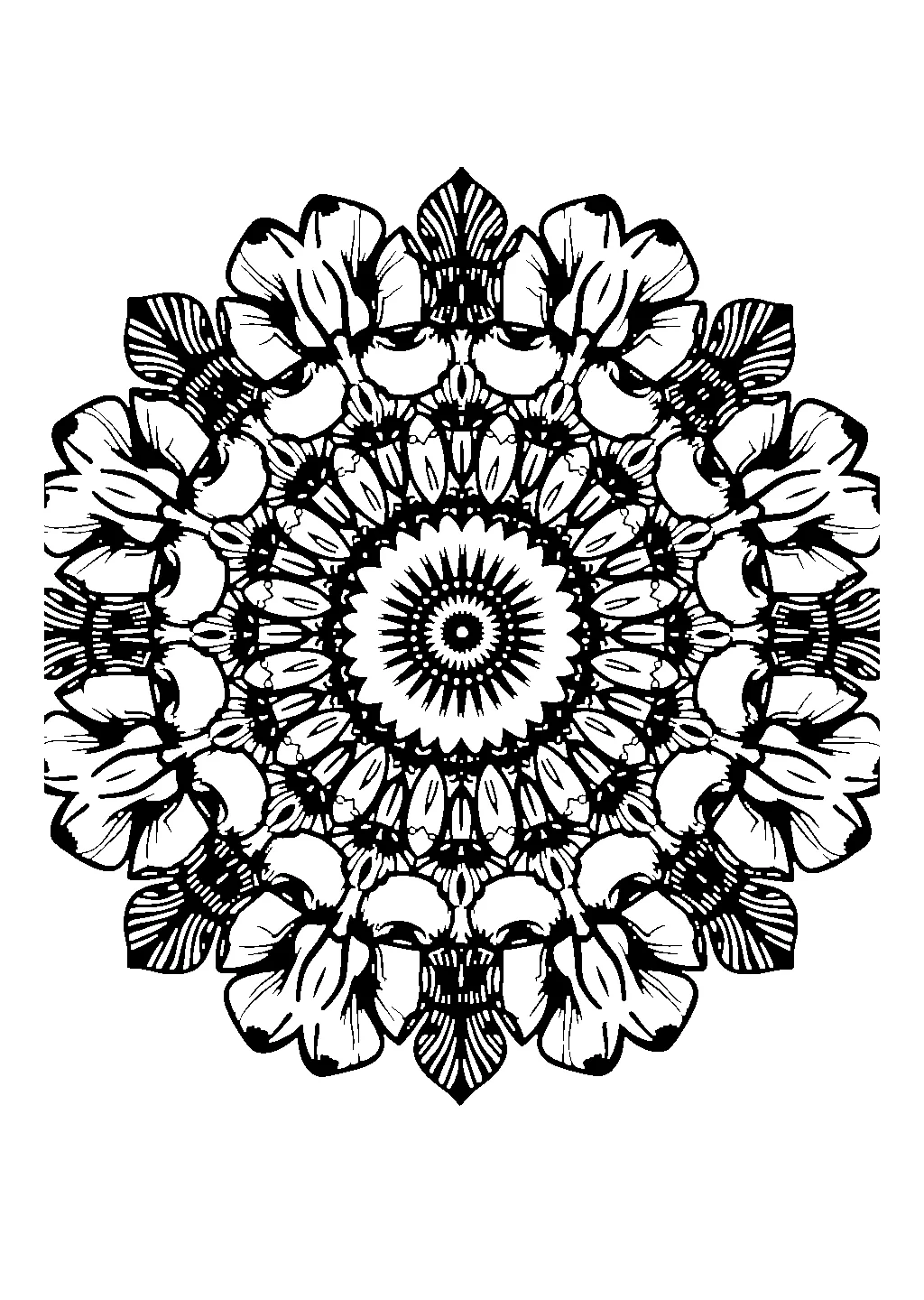 Disegno di mandala decorativo con farfalle stilizzate e viticci intrecciati da colorare