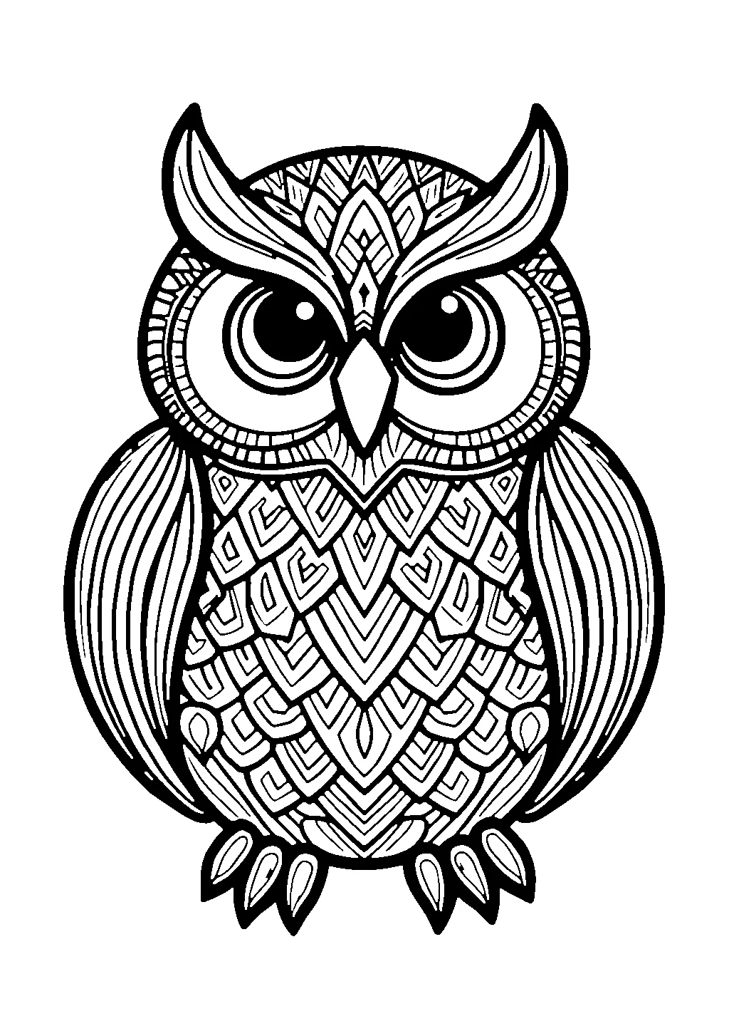 Disegno di gufo stilizzato inserito in una composizione mandala con motivi decorativi da colorare