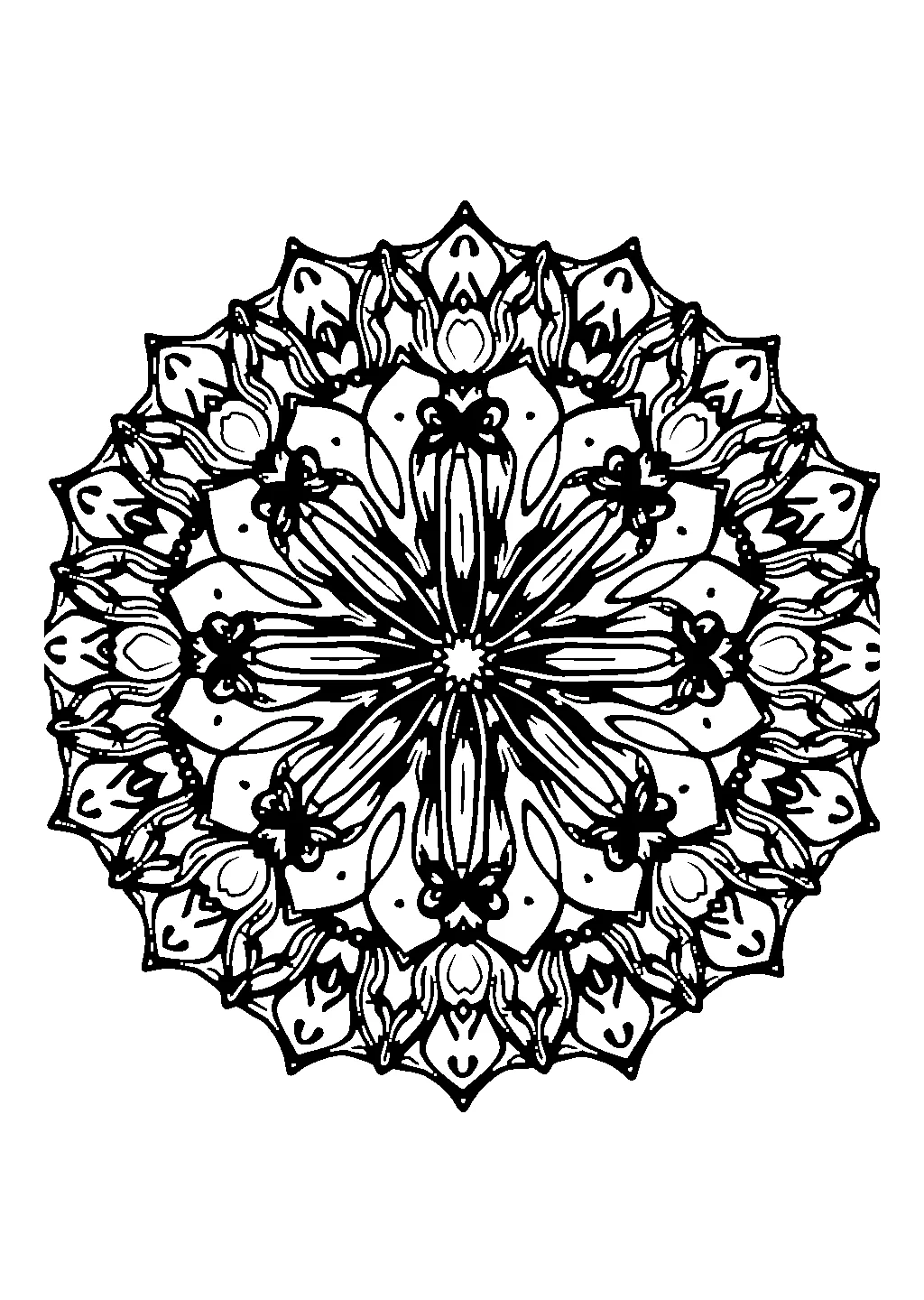 Disegno di mandala circolare con piume ornamentali intrecciate da colorare per adulti