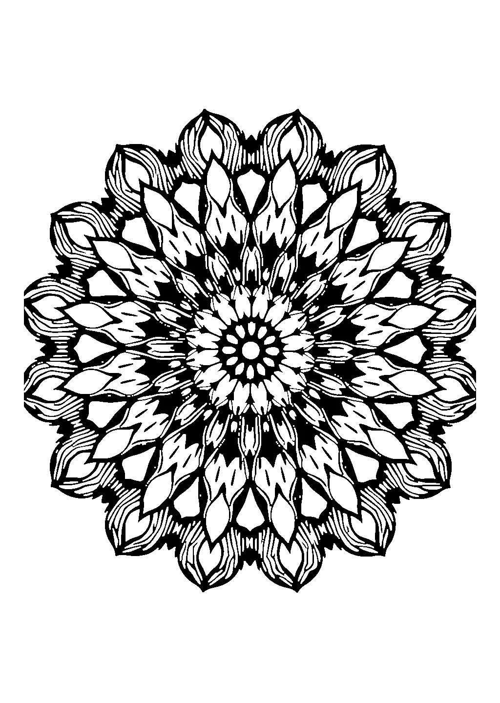 Disegno di mandala con petali e motivi floreali disposti in simmetria perfetta da colorare