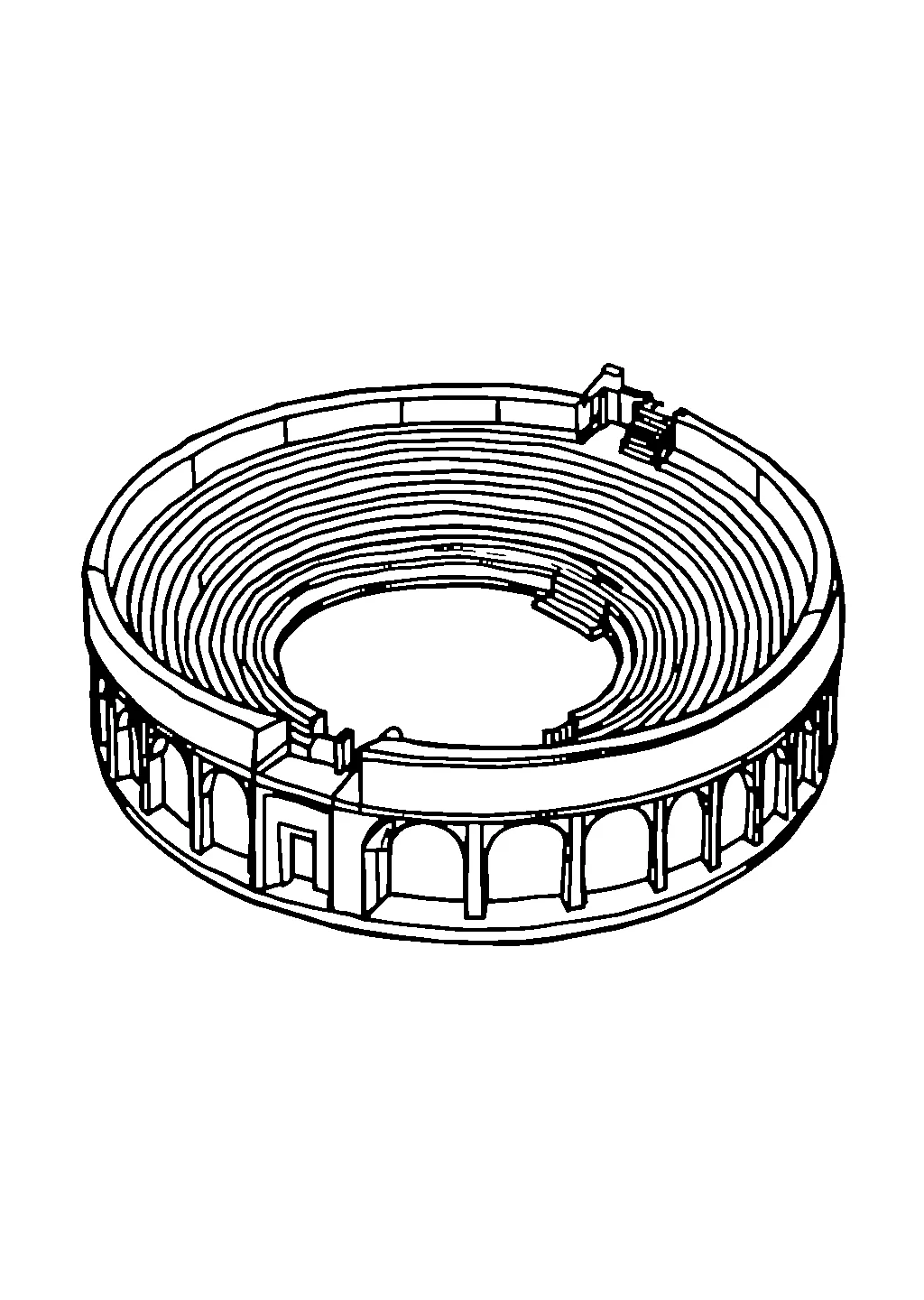 Illustrazione di un anfiteatro romano con archi e gradinate da colorare