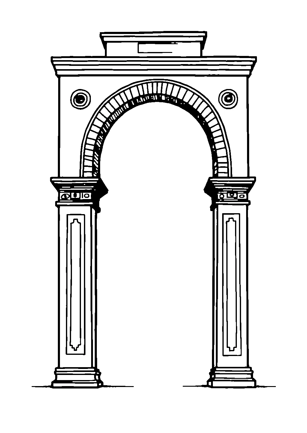 Disegno da colorare di un grande arco monumentale con decorazioni scolpite