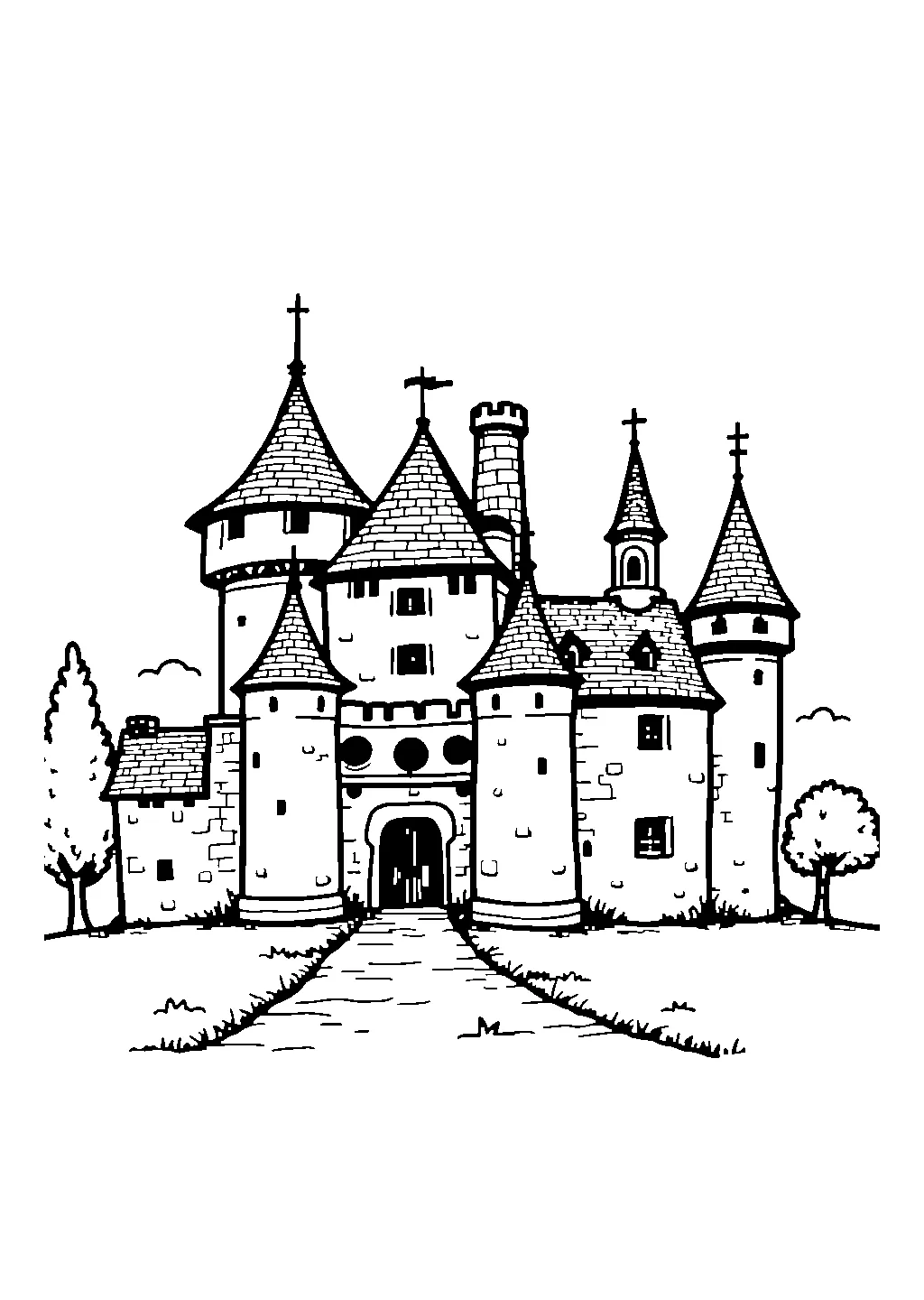 Disegno di un castello con torri, ponte levatoio e bandiere da colorare