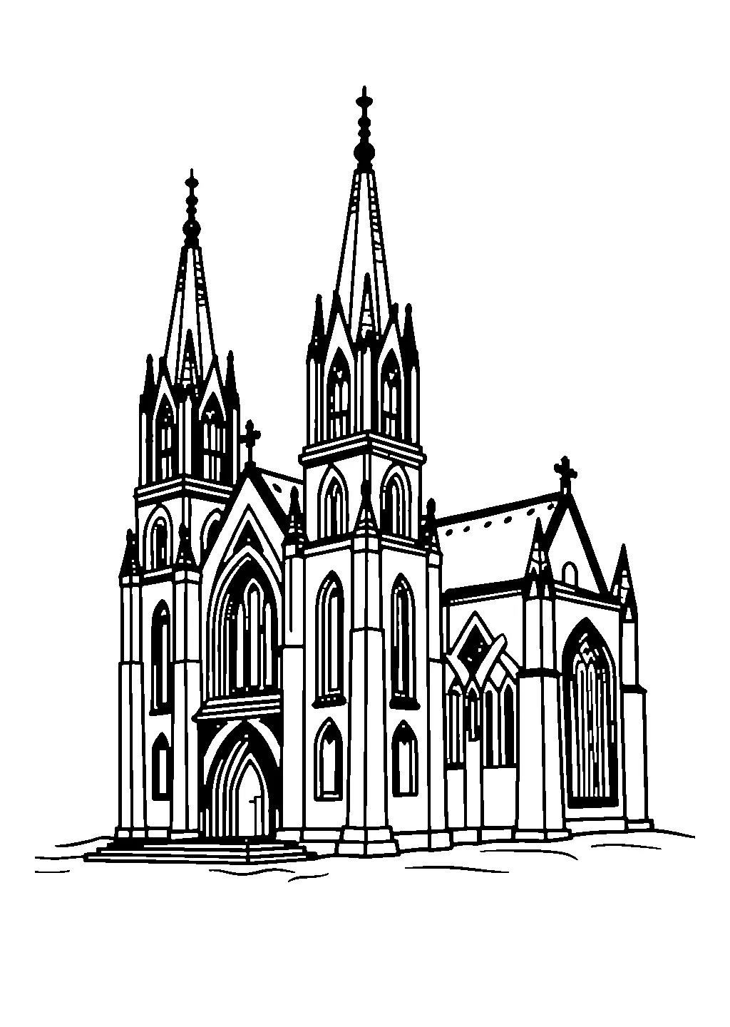 Illustrazione di una cattedrale gotica con guglie e vetrate da colorare