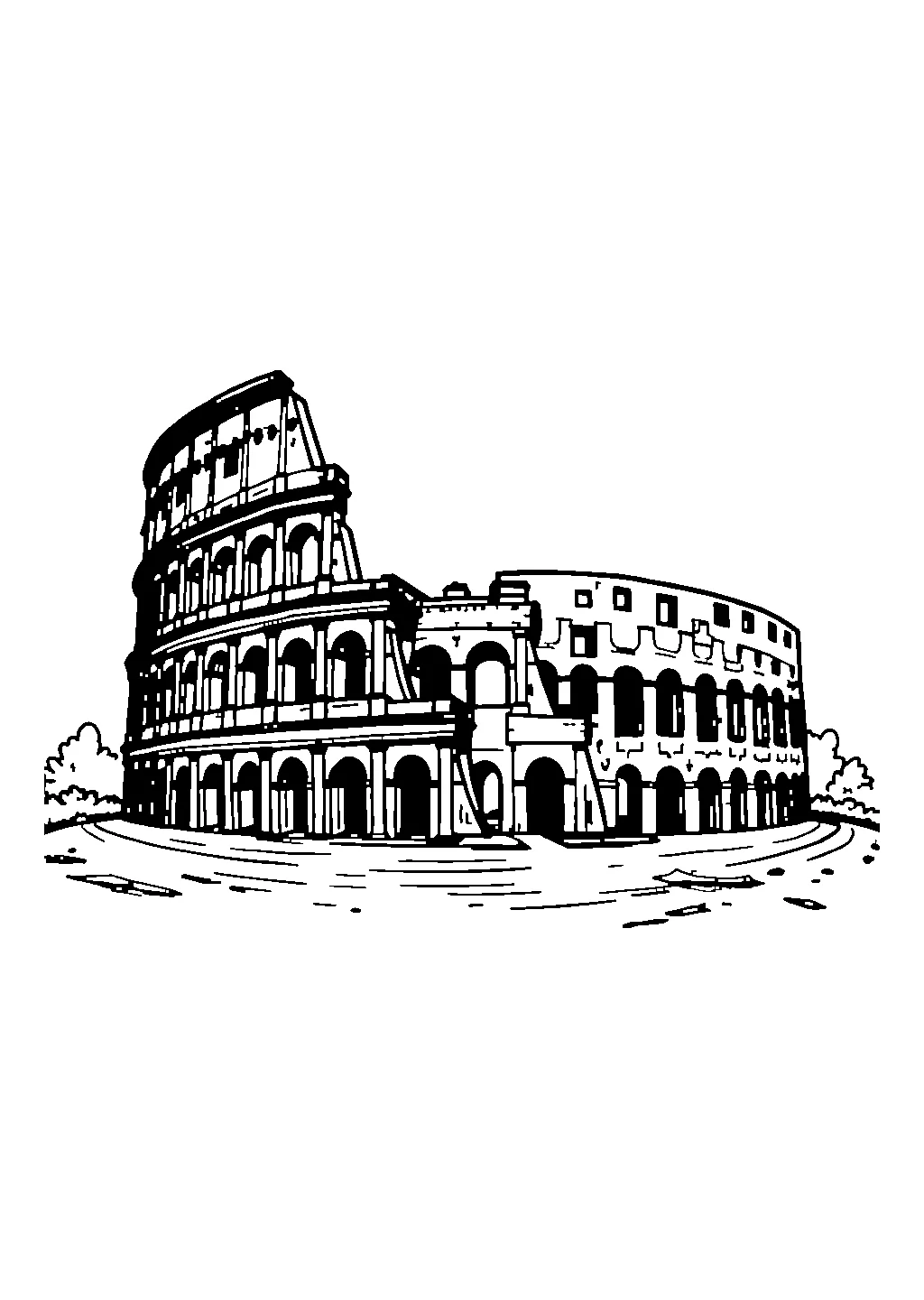 Illustrazione dell'anfiteatro romano con archi e gradinate da colorare