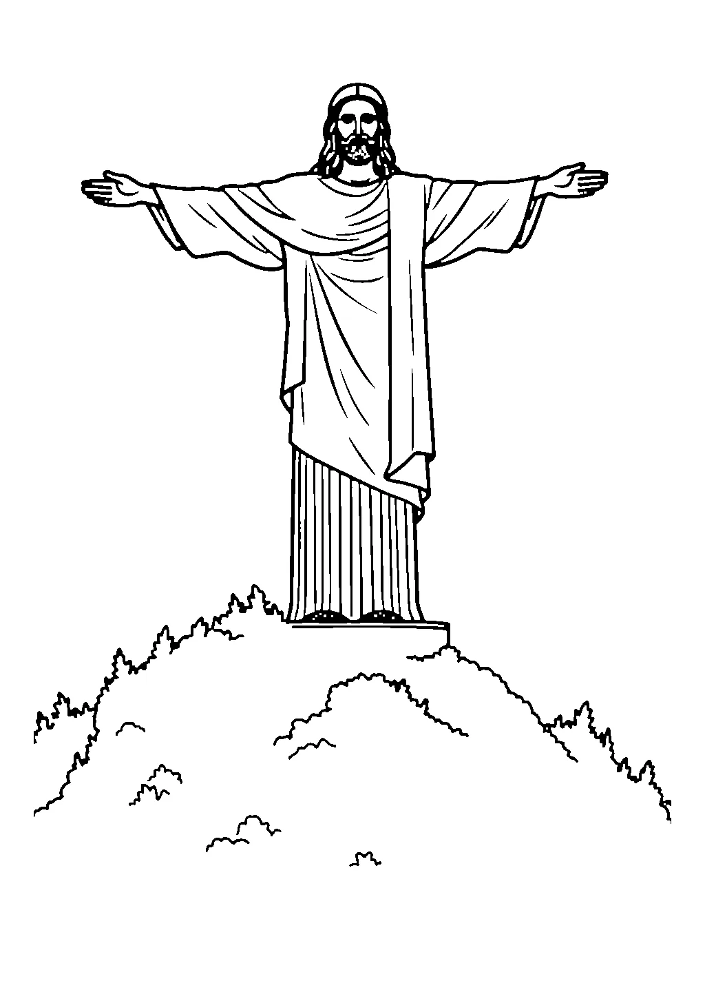 Illustrazione della statua del Cristo Redentore in cima a una collina da colorare