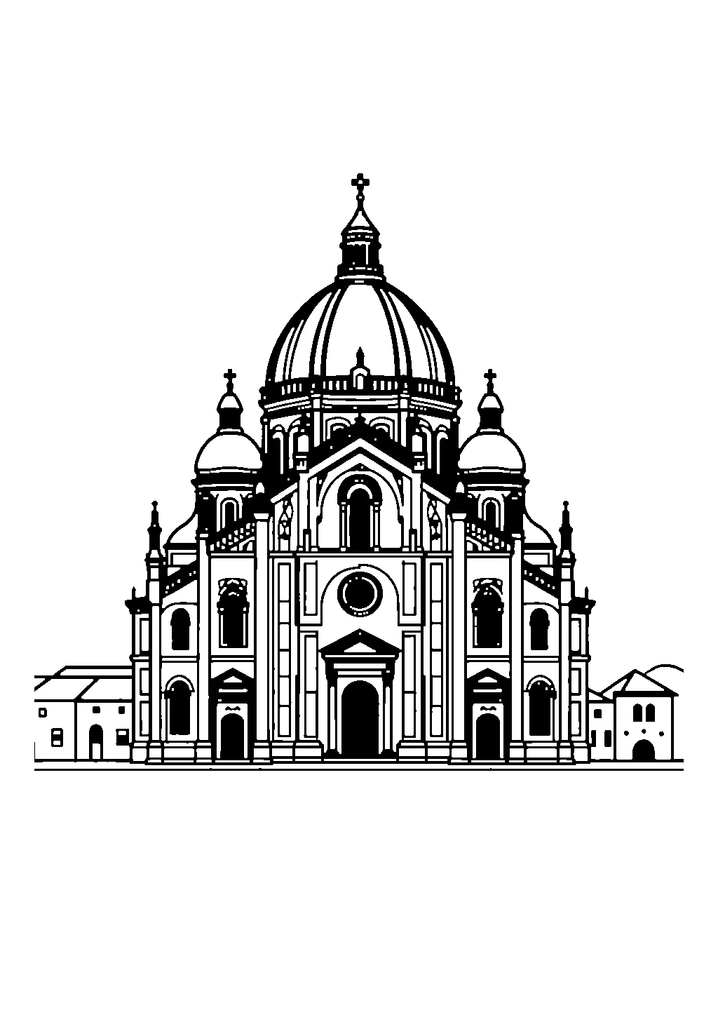 Disegno da colorare di una chiesa con grande cupola e facciata decorata