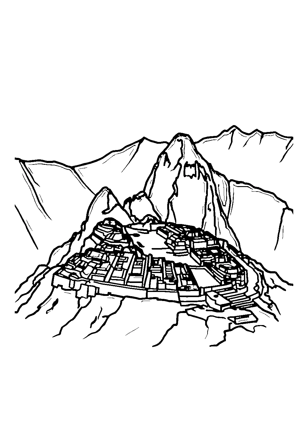 Illustrazione delle rovine inca di Machu Picchu circondate da montagne da colorare