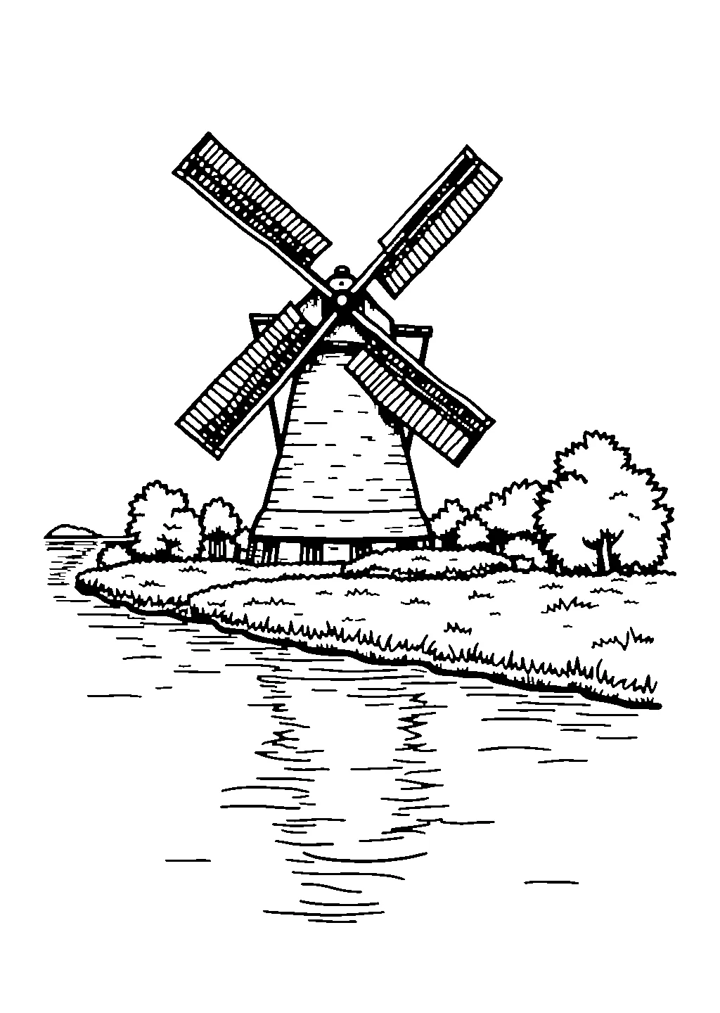 Illustrazione da colorare di un mulino a vento olandese con pale e canale d'acqua