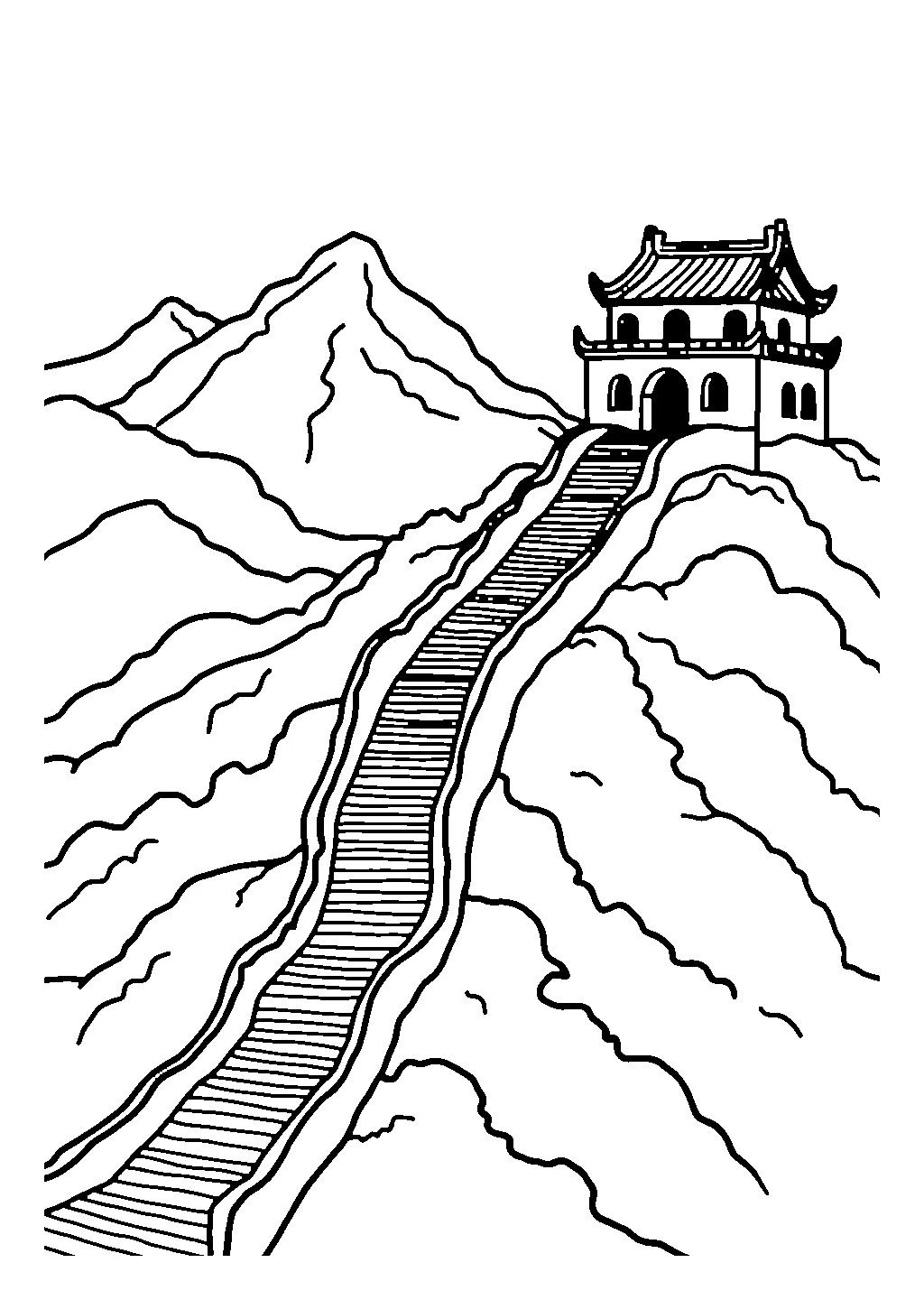 Illustrazione della grande muraglia con torri di guardia e montagne da colorare