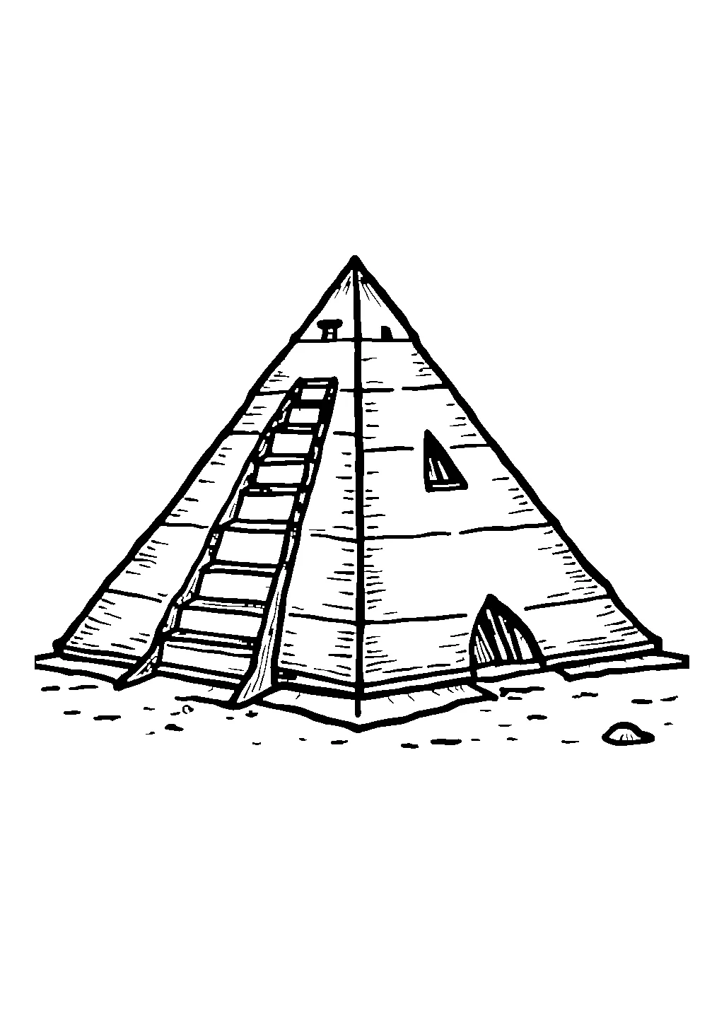 Disegno di una piramide del deserto egiziano con sabbia e cielo da colorare