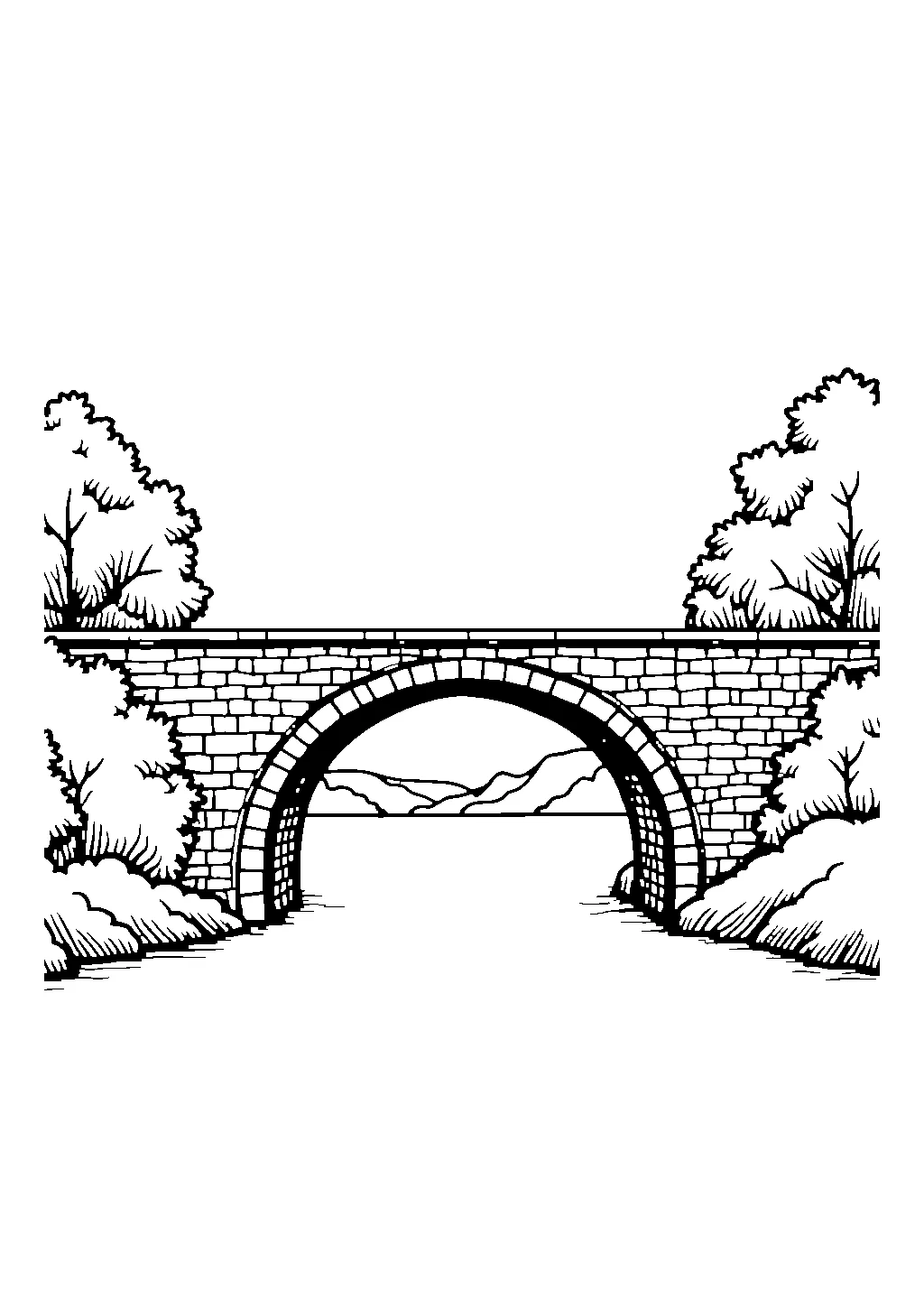 Disegno da colorare di un ponte antico in pietra con più archi sopra un fiume