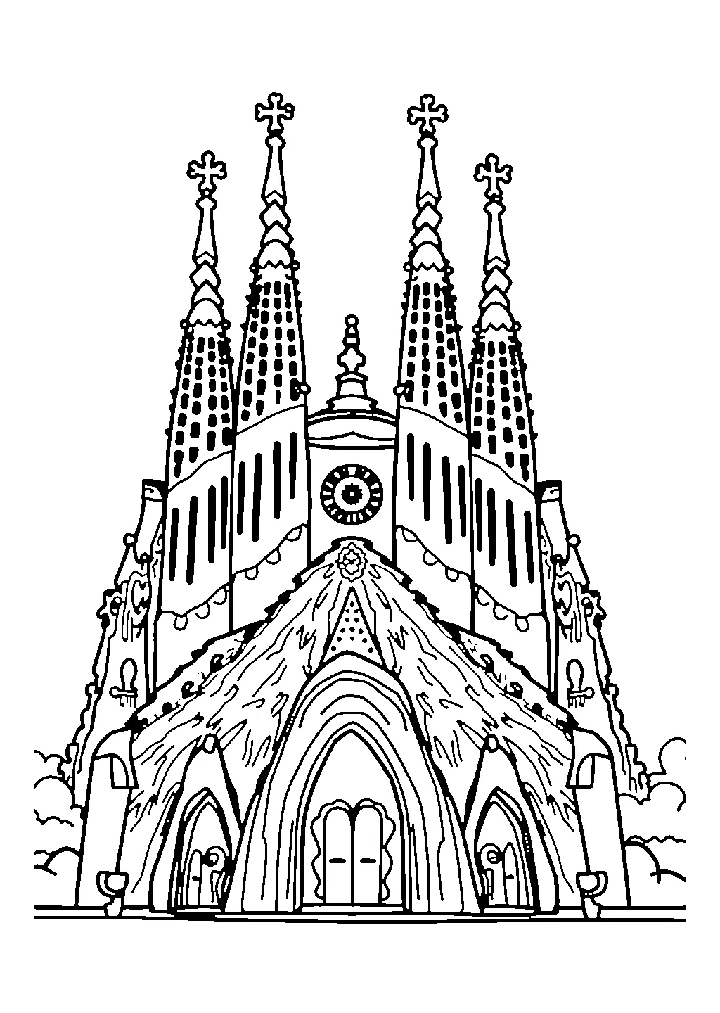 Illustrazione della basilica Sagrada Familia con guglie e torri da colorare