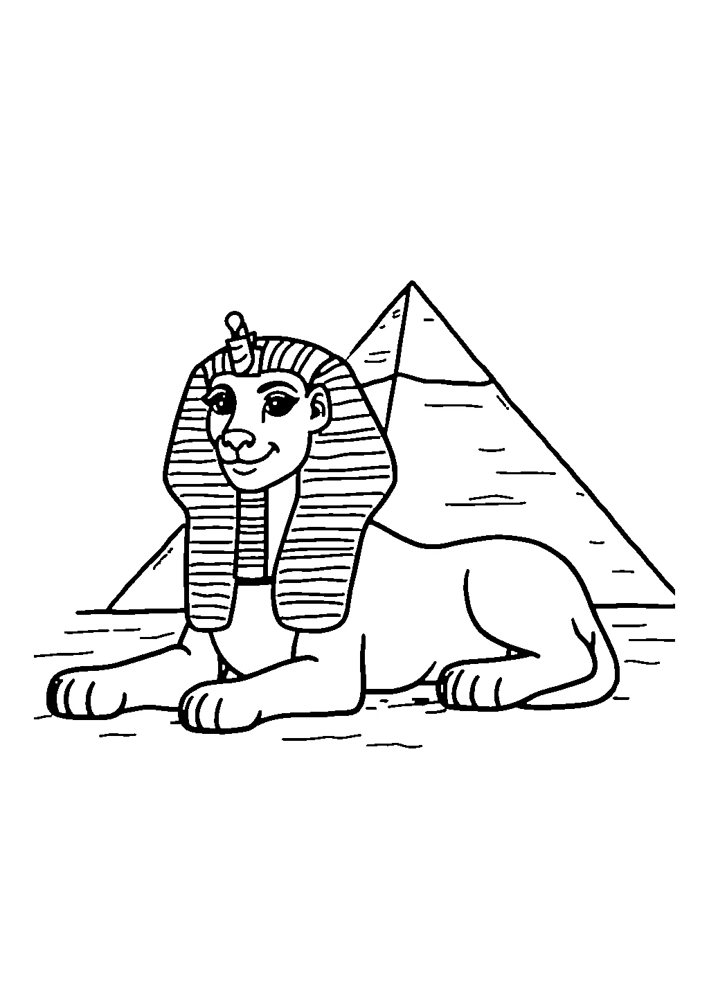 Illustrazione da colorare di una statua a forma di leone con testa umana vicino a una piramide egizia