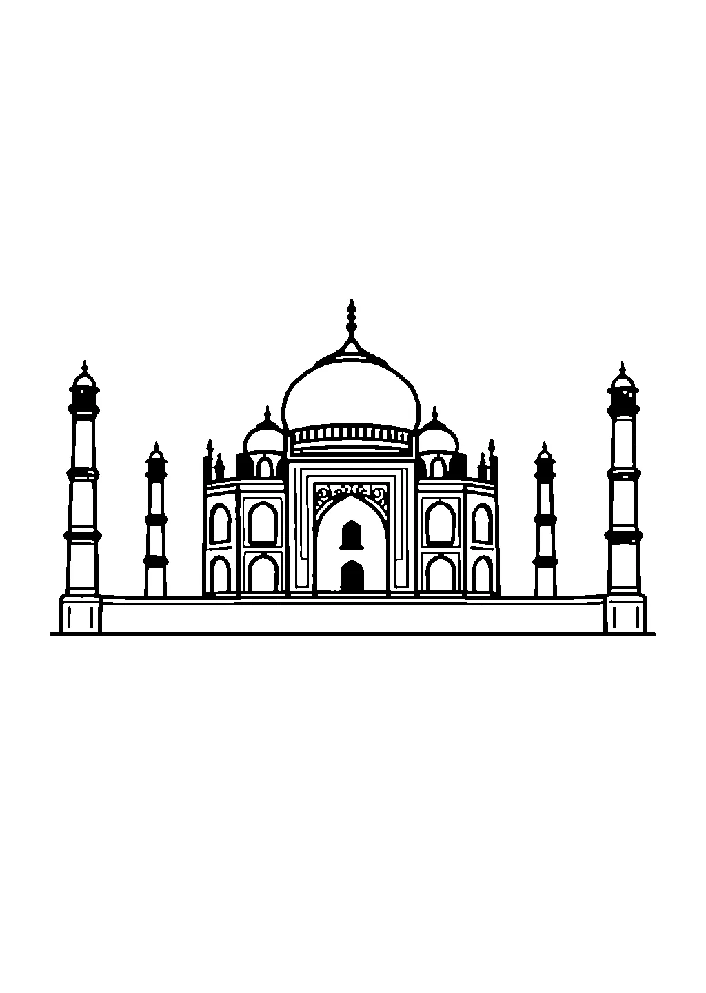 Disegno del mausoleo indiano con cupola e minareti da colorare