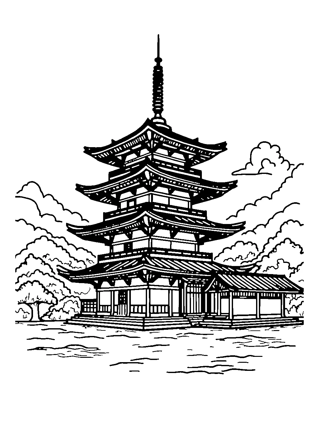 Illustrazione di una pagoda giapponese con tetti a più piani da colorare