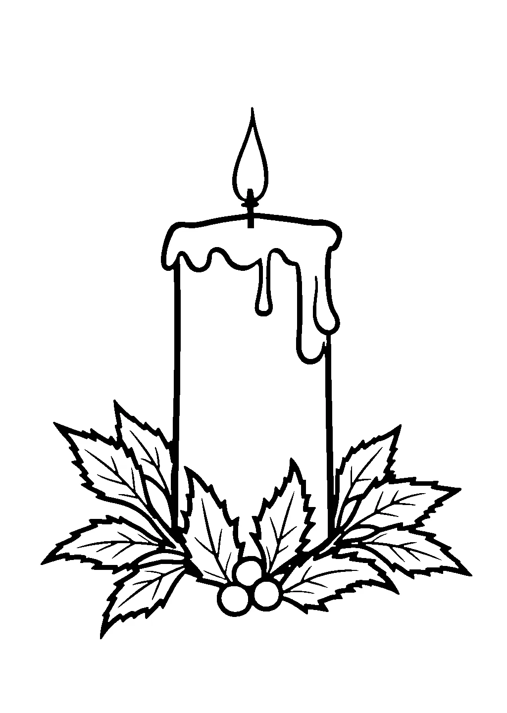 Illustrazione di una candela natalizia decorata con foglie di agrifoglio da colorare