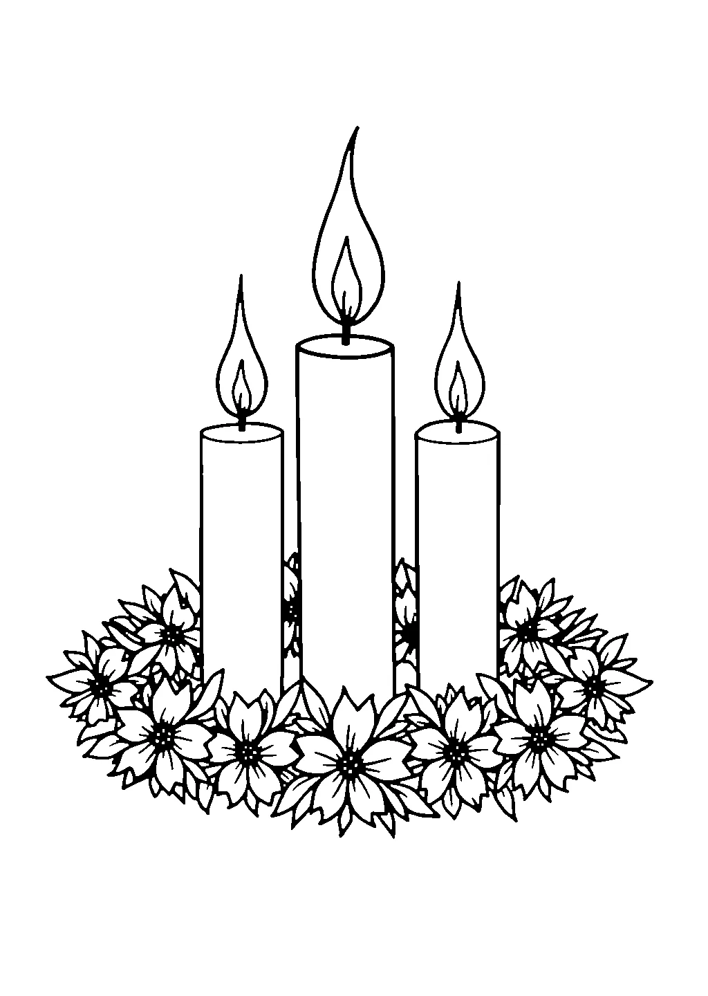 Illustrazione di una corona natalizia con candele e rami di pino da colorare